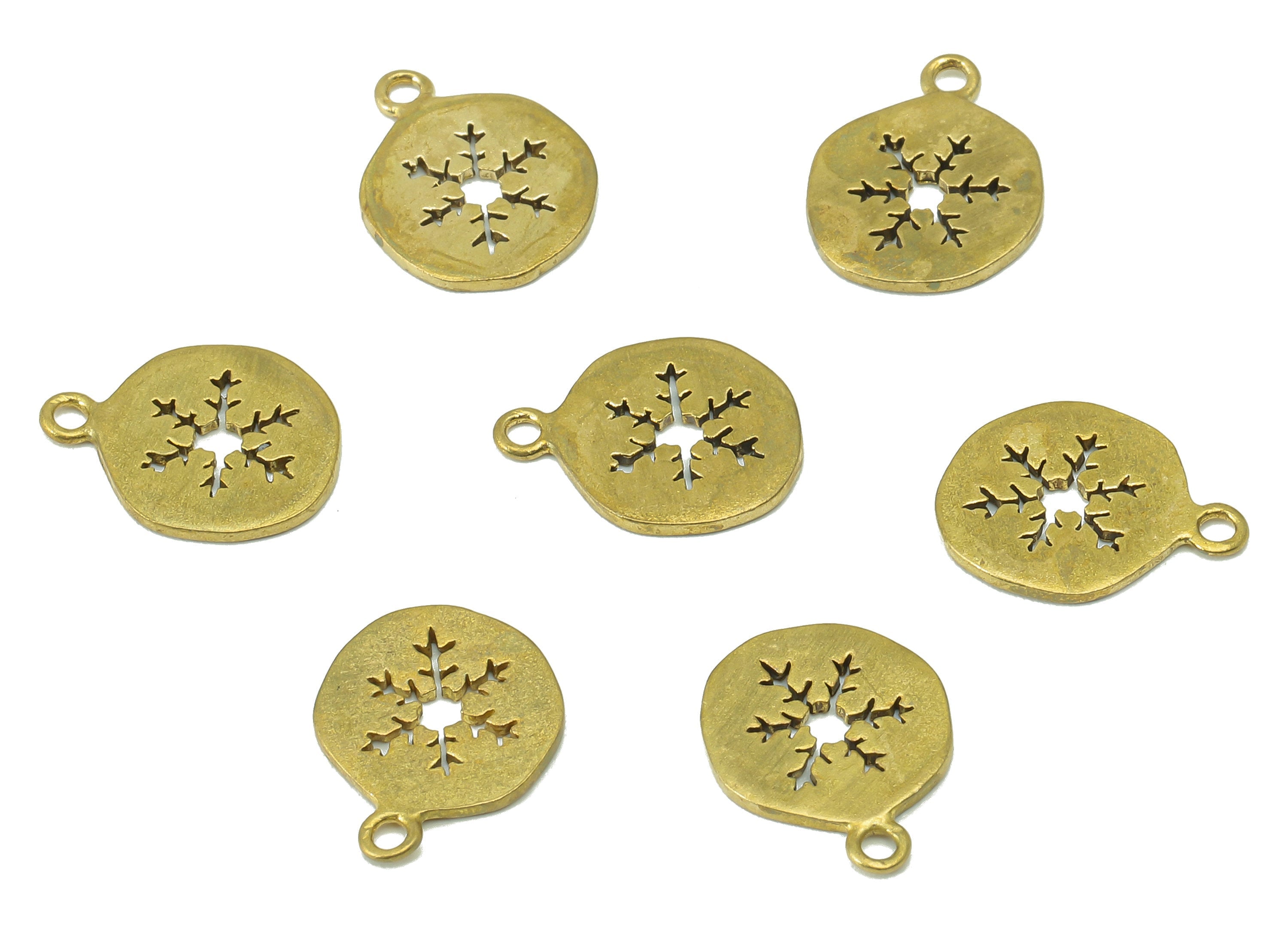 Brass Round Earring - Raw Brass Snowflake Pendant-Winter Charm-Earring Charms - For Necklace - Jewelry Supplie -12x 10 x 0.79mm-PP8312 - DOMEDBAZAAR
