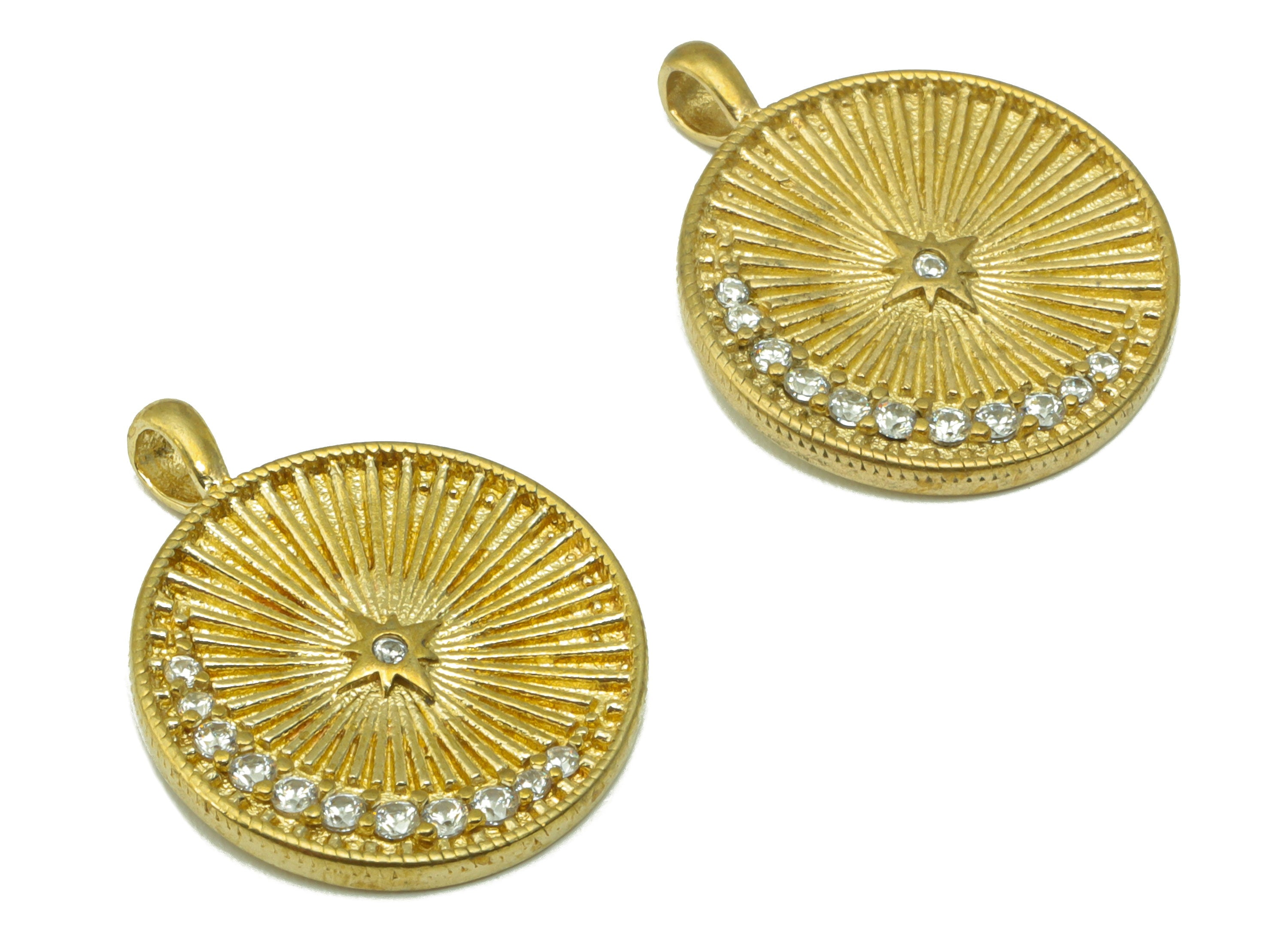 Brass Round Earring Charm - Brass Crescent CZ Charm -Cubic Zirconia Textured Star Pendant - jewelry supplies - 21.12x 16.64x1.35mm - PP8523 - DOMEDBAZAAR