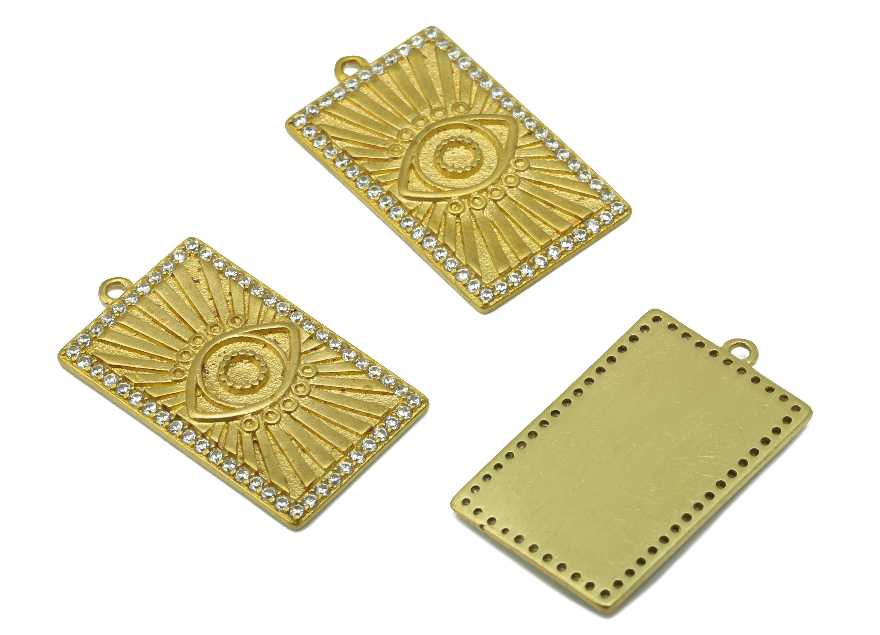 Brass Rectangle Earring Charm - Brass Eye CZ Charm -Cubic Zirconia Textured Pendant - jewelry supplies - 22.06 x 12.98 x 1.48mm - PP8524 - DOMEDBAZAAR