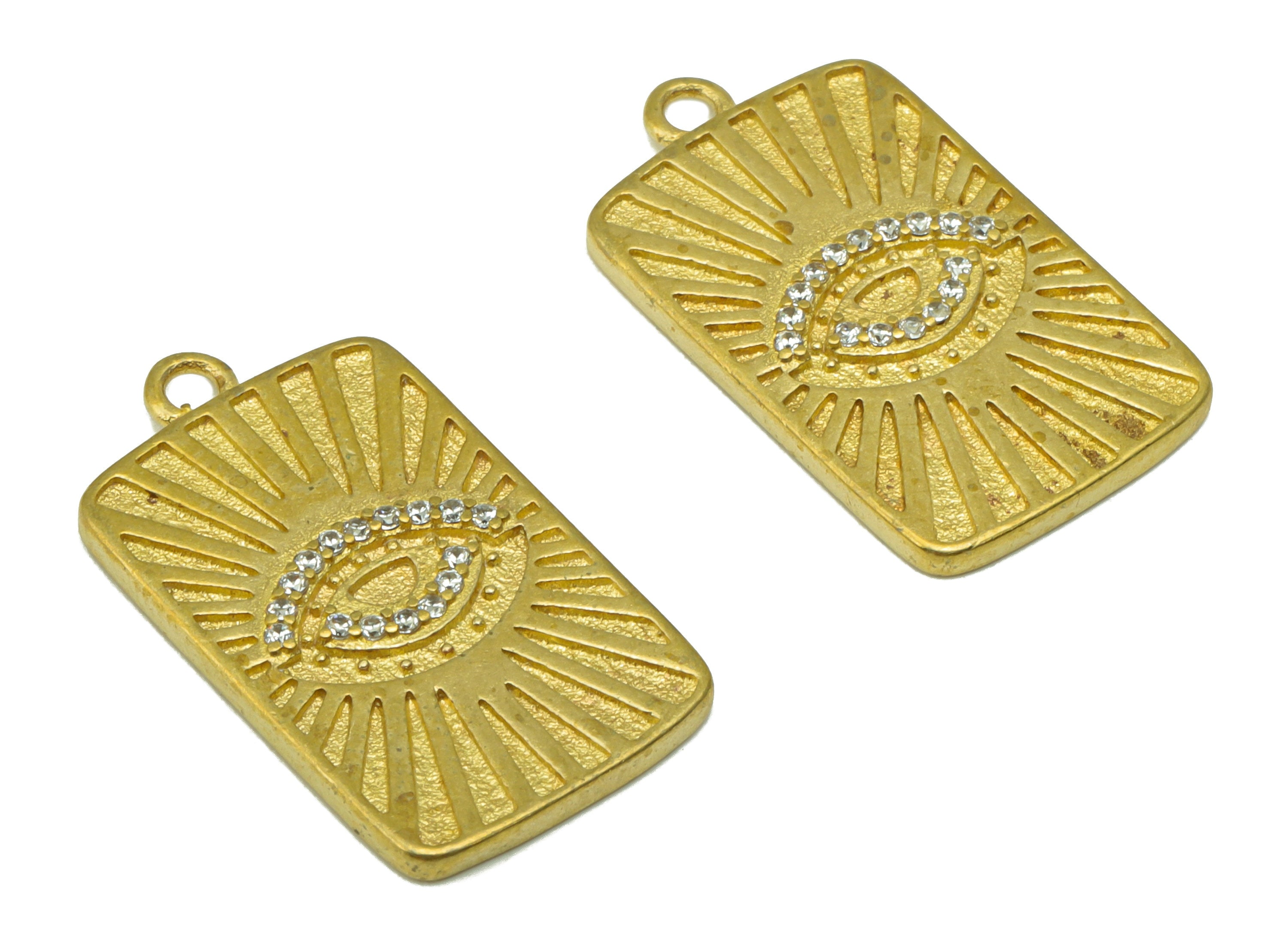 Brass Rectangle Earring Charm - Brass Eye CZ Charm -Cubic Zirconia Textured Pendant - jewelry supplies -23.42 x 13.23 x 1.92mm - PP8526 - DOMEDBAZAAR