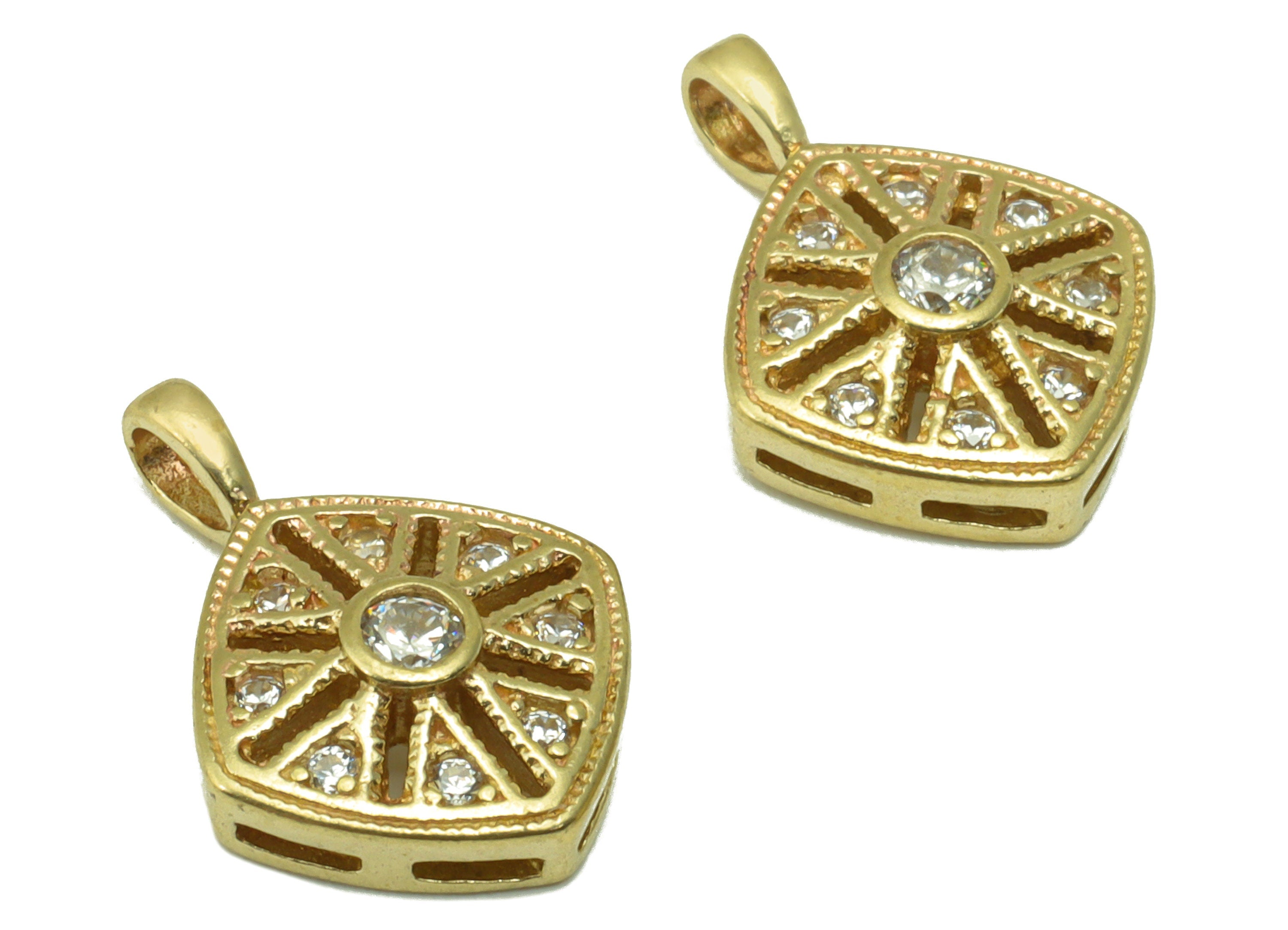 Brass Square Earring Charm - Brass Hollow CZ Charm -Cubic Zirconia Textured Pendant - jewelry supplies - 15.72 x 11.2 x 0.85mm - PP8527 - DOMEDBAZAAR