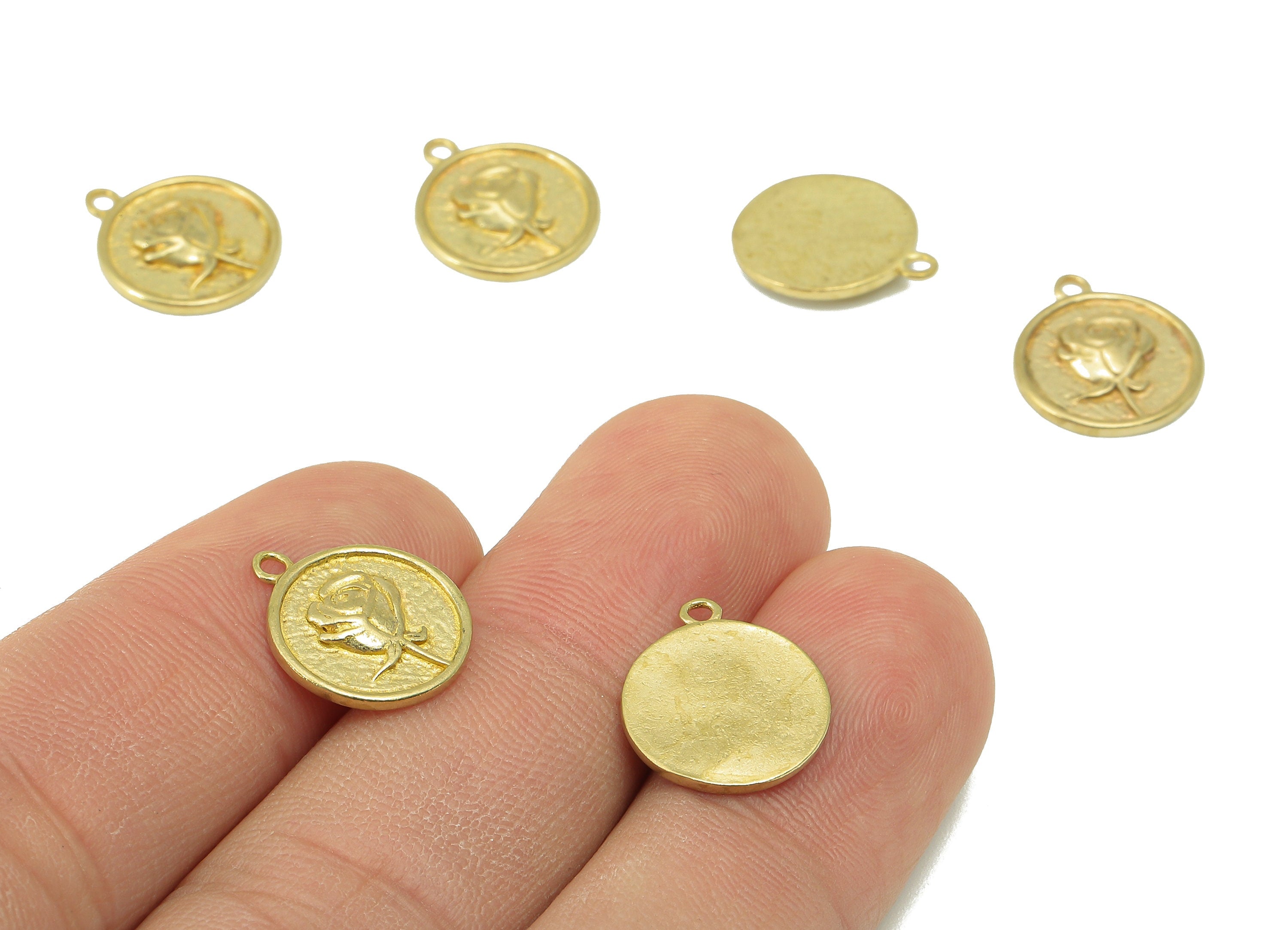 Brass Round Rose  Earrings Charm - Raw Brass Bent Round Rose Pendant  - Flower Charm-Botanical Charm-For Necklace -15 x 12x 1.92mm-PP8348 - DOMEDBAZAAR