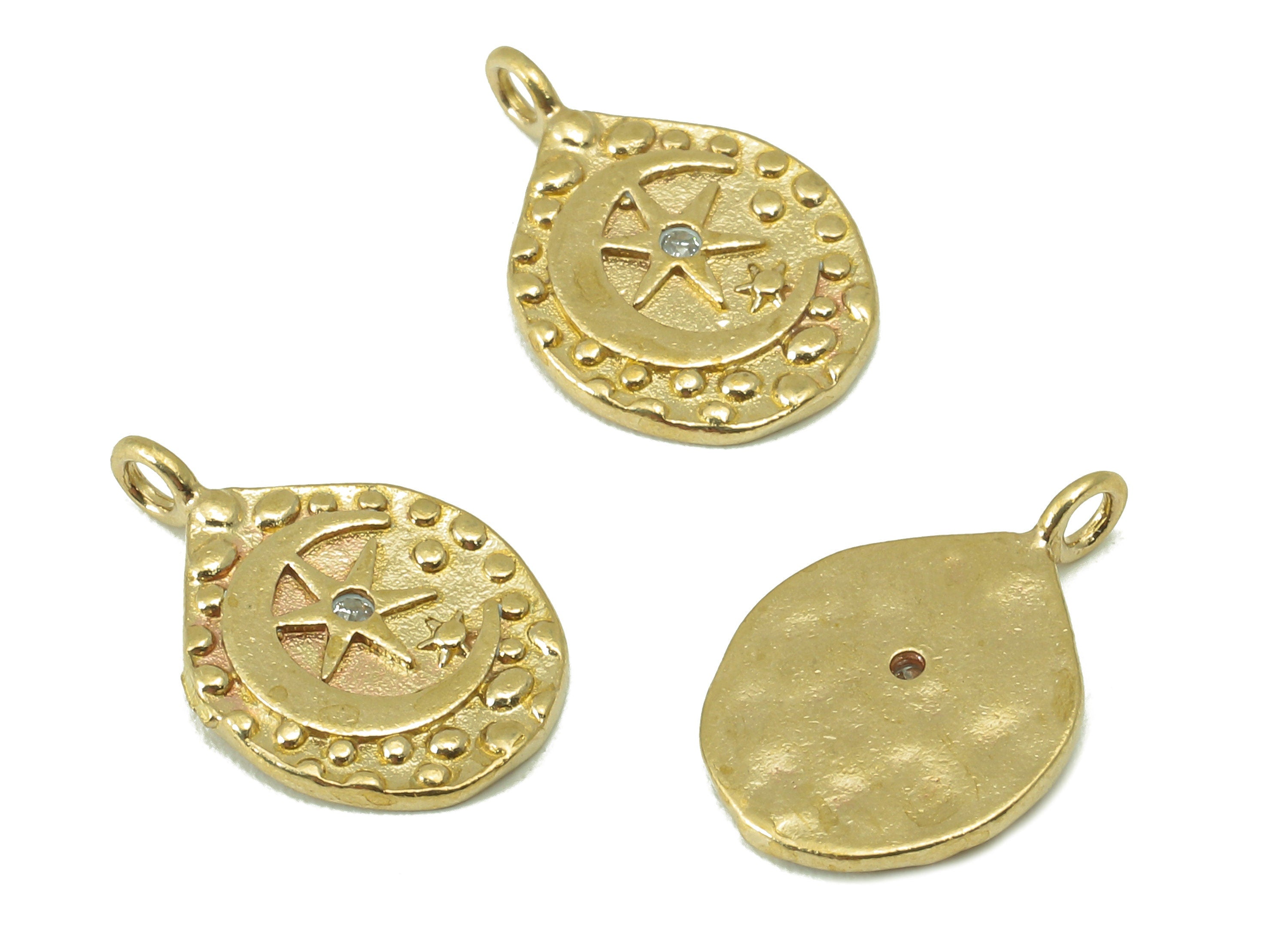 Brass Oval  Earring Charm- Raw Brass Crescent Awn star Pendant-Sky Night Charm-Cubic Zircon -Jewelry Supplies-15 x 10 x 1.23mm-PP8331 - DOMEDBAZAAR