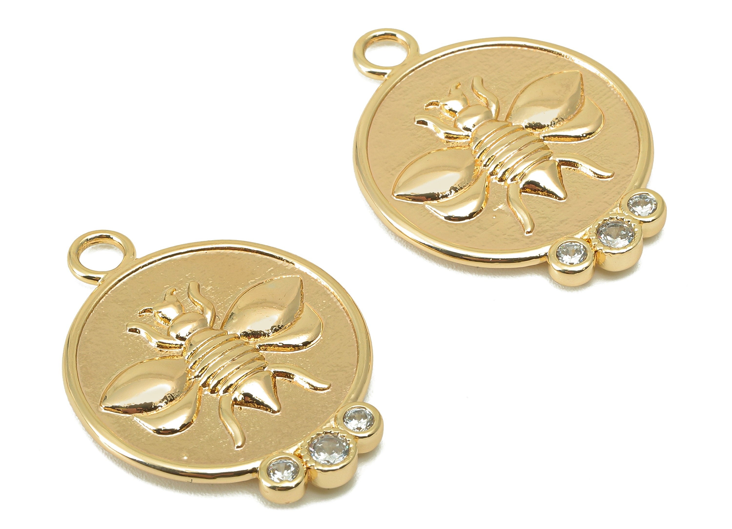Brass Round Earring Charm - Brass Bee CZ Charm - Textured Animal Cubic Zirconia Pendant - 18K Real Gold Plated - 31x 22.81 x 2.64mm- RGP5950 - DOMEDBAZAAR