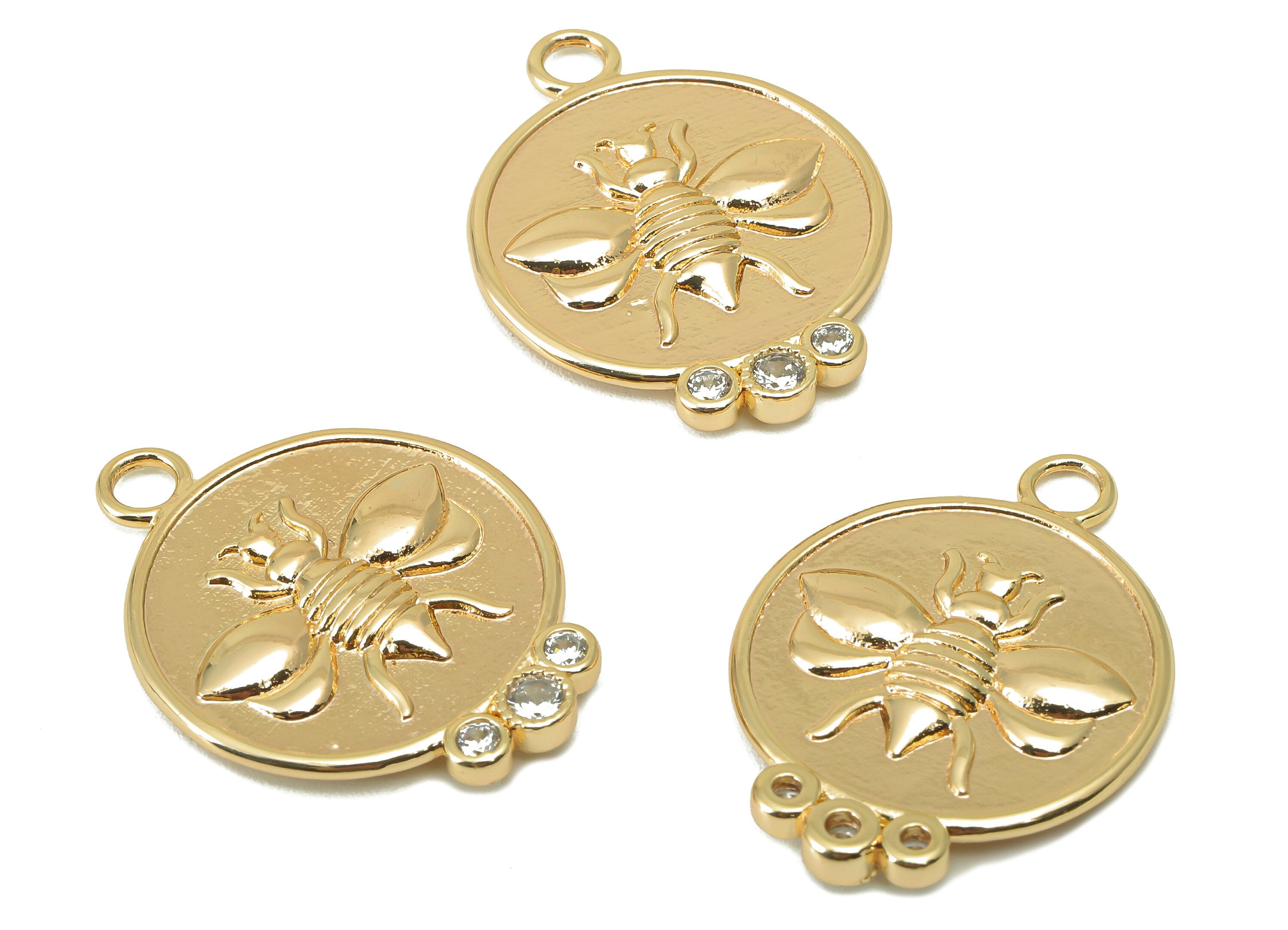Brass Round Earring Charm - Brass Bee CZ Charm - Textured Animal Cubic Zirconia Pendant - 18K Real Gold Plated - 31x 22.81 x 2.64mm- RGP5950 - DOMEDBAZAAR