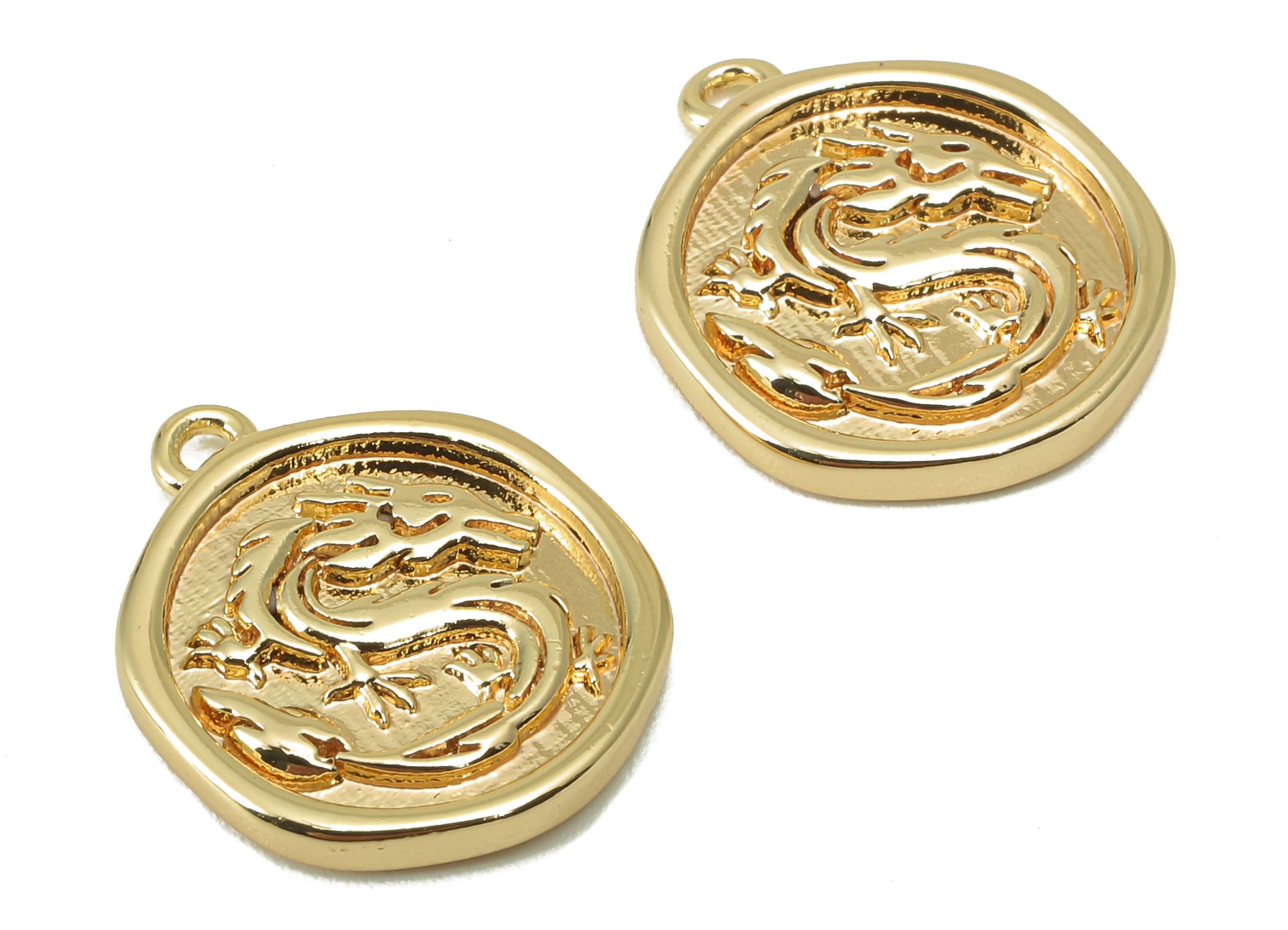 Brass Round Earring Charm - Brass Dragon Charm - Textured Animal Pendant - 18K Real Gold Plated - 16.46 x 13.91 x 1.9mm- RGP5954 - DOMEDBAZAAR