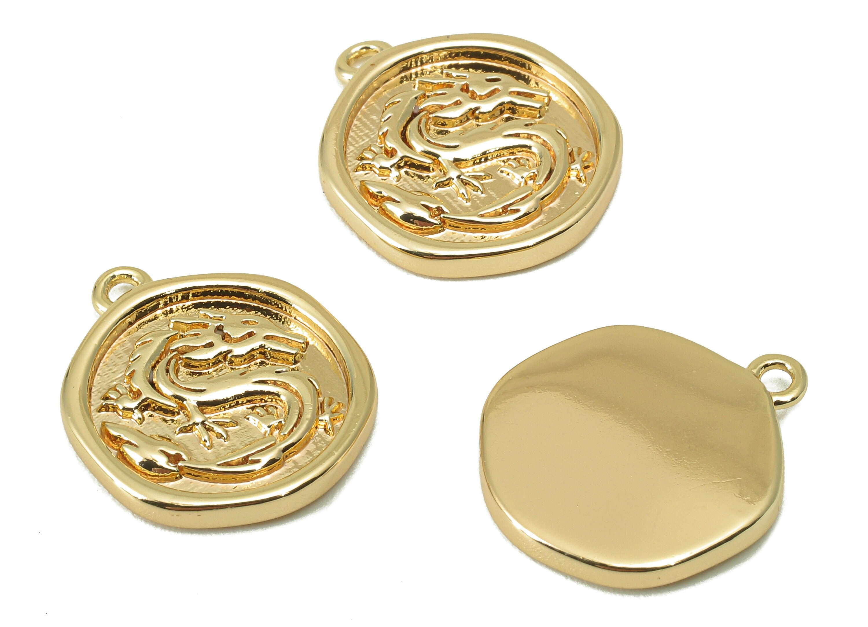 Brass Round Earring Charm - Brass Dragon Charm - Textured Animal Pendant - 18K Real Gold Plated - 16.46 x 13.91 x 1.9mm- RGP5954 - DOMEDBAZAAR