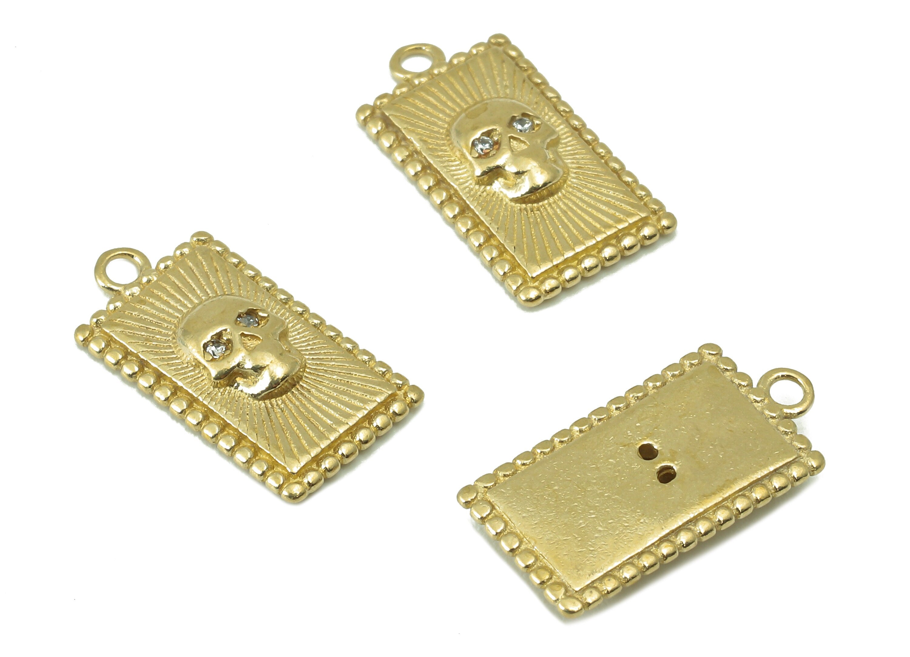 Brass Rectangular Earring Charm - Brass Cubic Zircon Skull Pendant - Textured Rectangle Necklace- Jewelry Making-16 x 8 x 2.56mm-PP8330 - DOMEDBAZAAR
