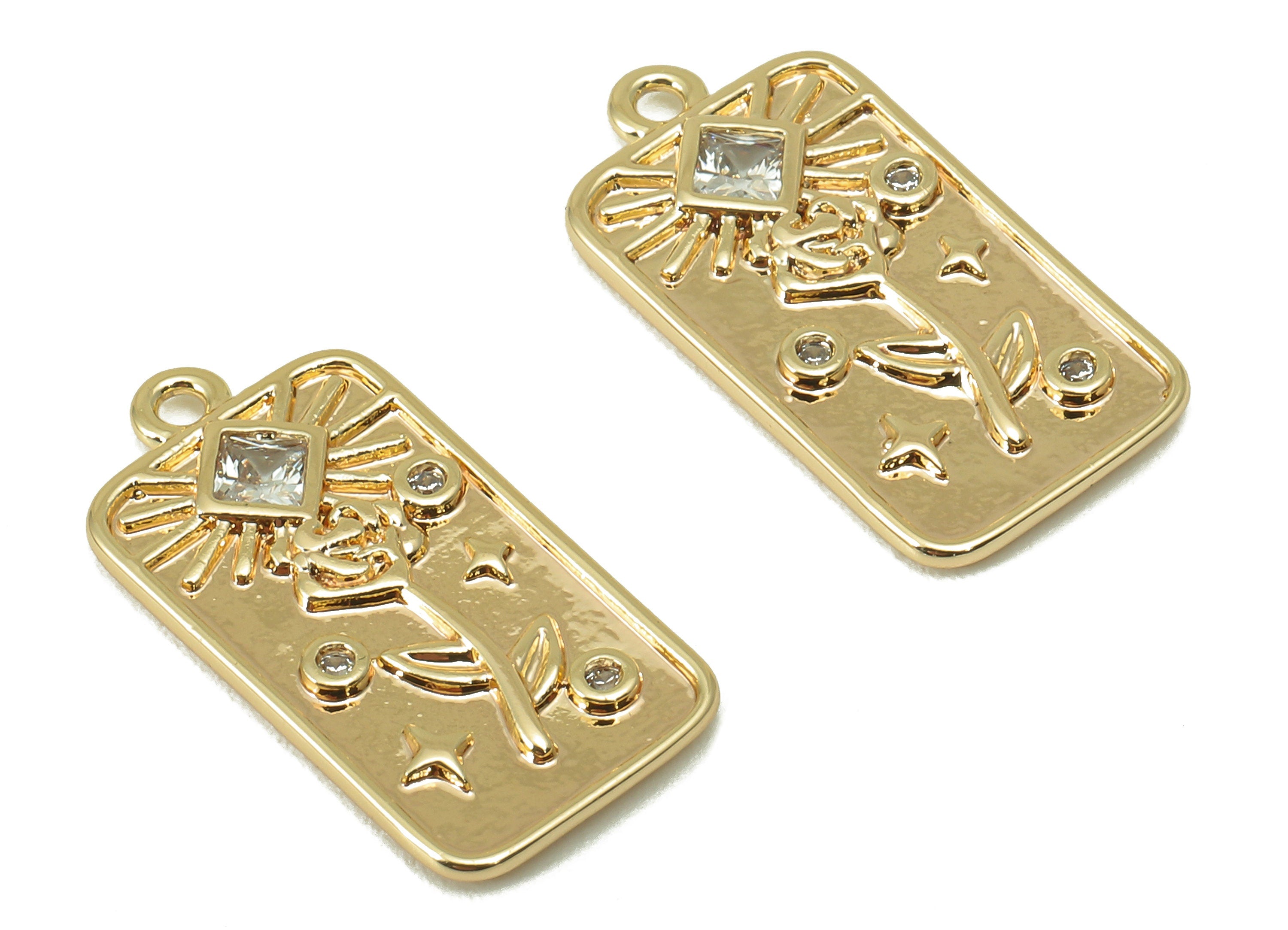 Brass Rectangle Earring Charm - Flower Princess CZ Charm - Textured Cubic Zirconia Pendant - 18K Real Gold Plated - 19x9.95x 1.55mm- RGP5955 - DOMEDBAZAAR