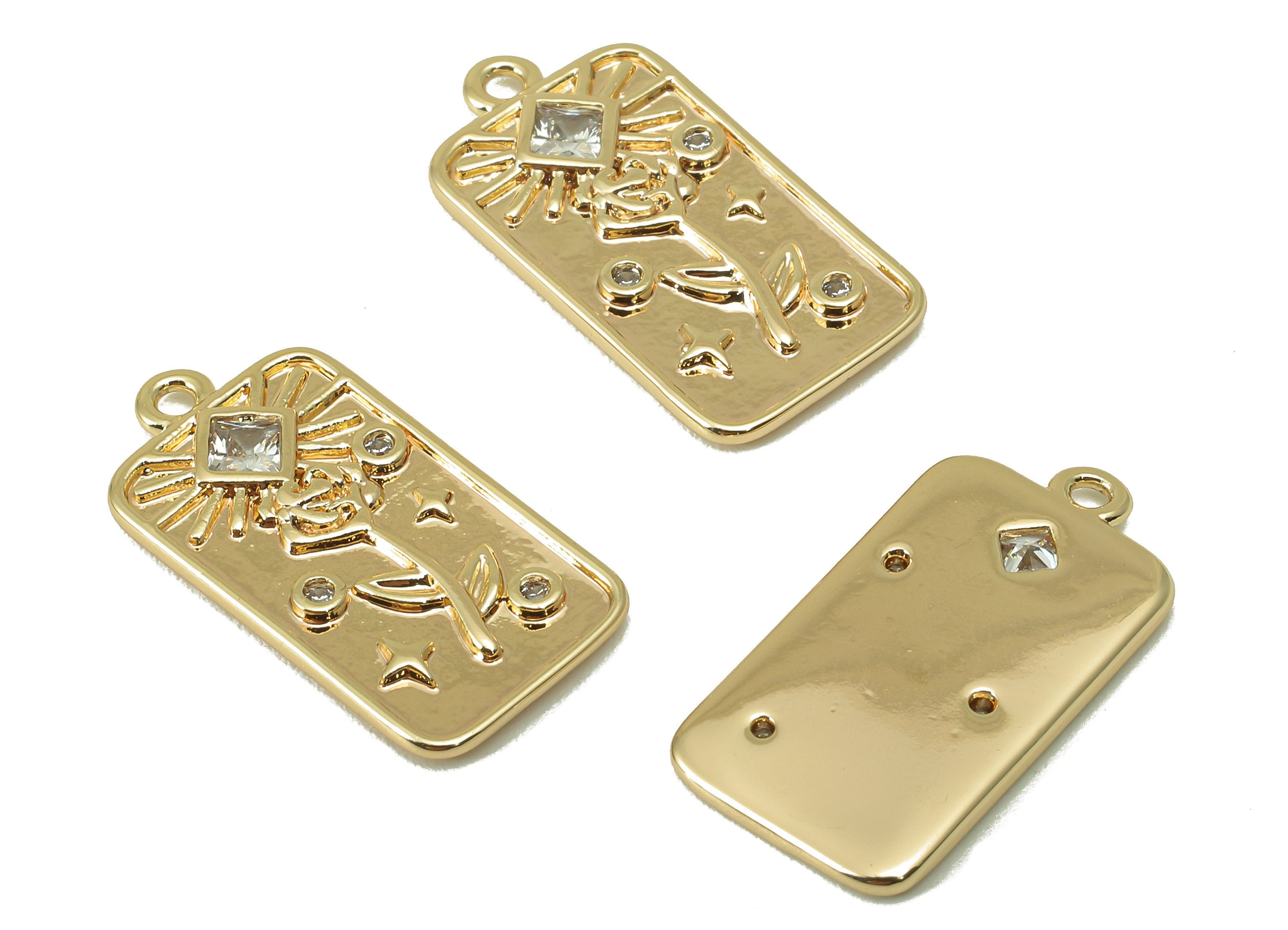 Brass Rectangle Earring Charm - Flower Princess CZ Charm - Textured Cubic Zirconia Pendant - 18K Real Gold Plated - 19x9.95x 1.55mm- RGP5955 - DOMEDBAZAAR