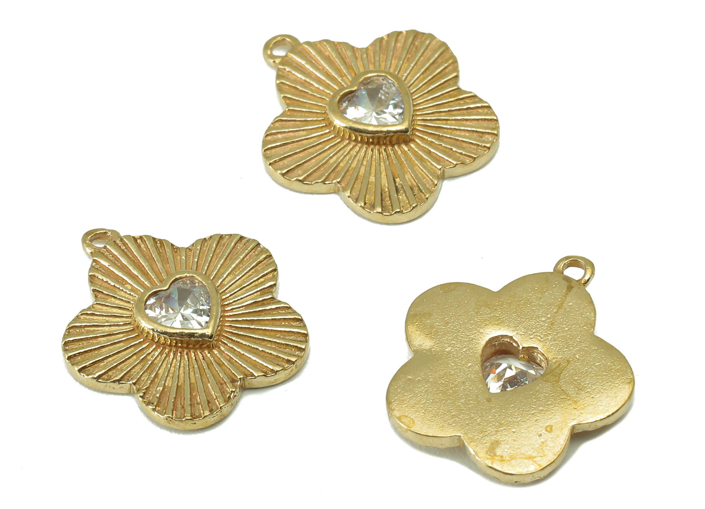 Brass Flower Earring Charms -Raw Brass Texture Petal Shaped Pendant-Cubic Zircon-Botanical Charm-For Jewelry Making-15x 13x 2.4mm-PP8326 - DOMEDBAZAAR