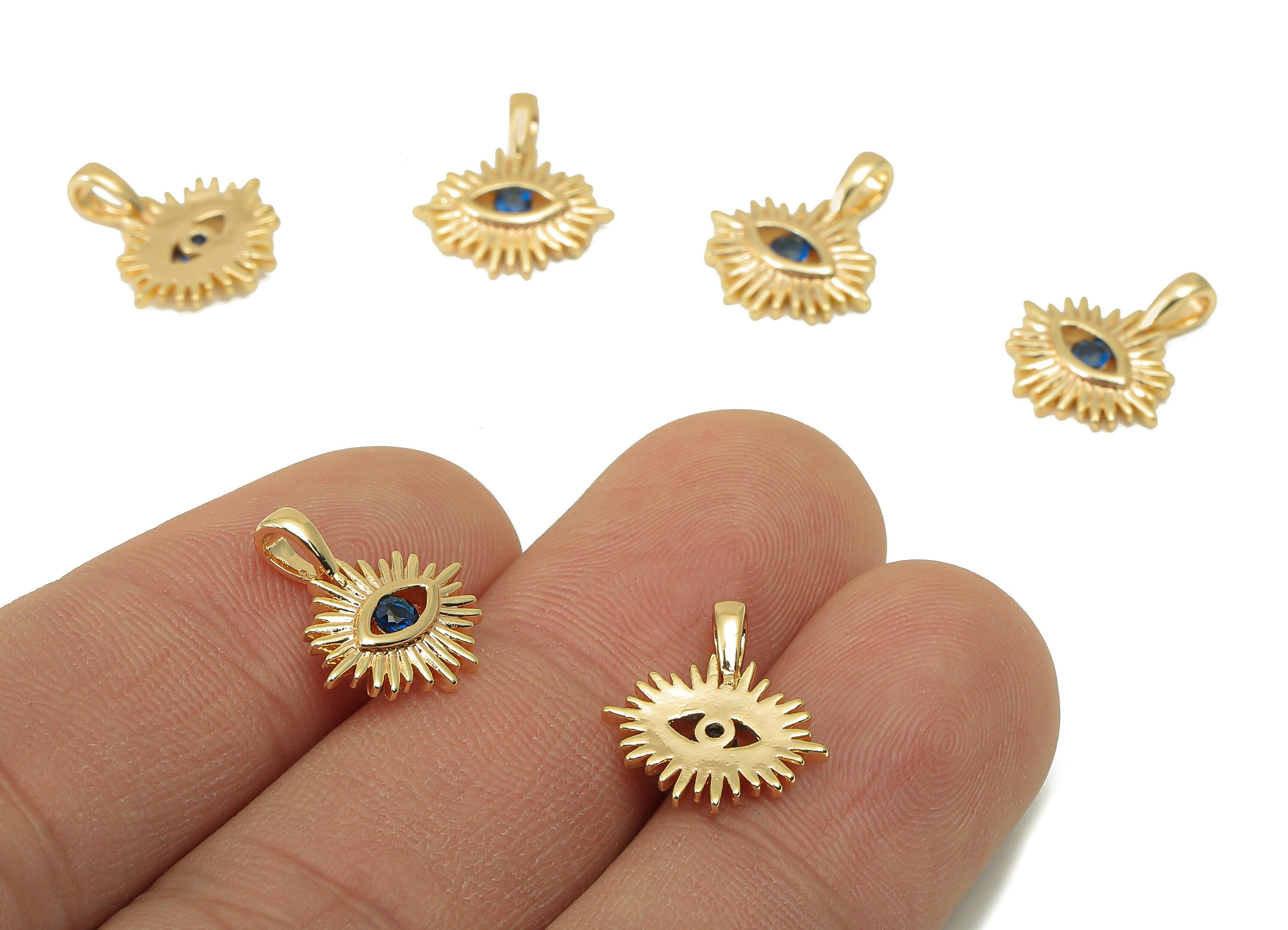 Brass Sun Eye Earring Charm - Sun Eye CZ Charm - Blue Cubic Zirconia Pendant - For Necklace -18K Real Gold Plated - 14x12.96x1.86mm- RGP5957 - DOMEDBAZAAR