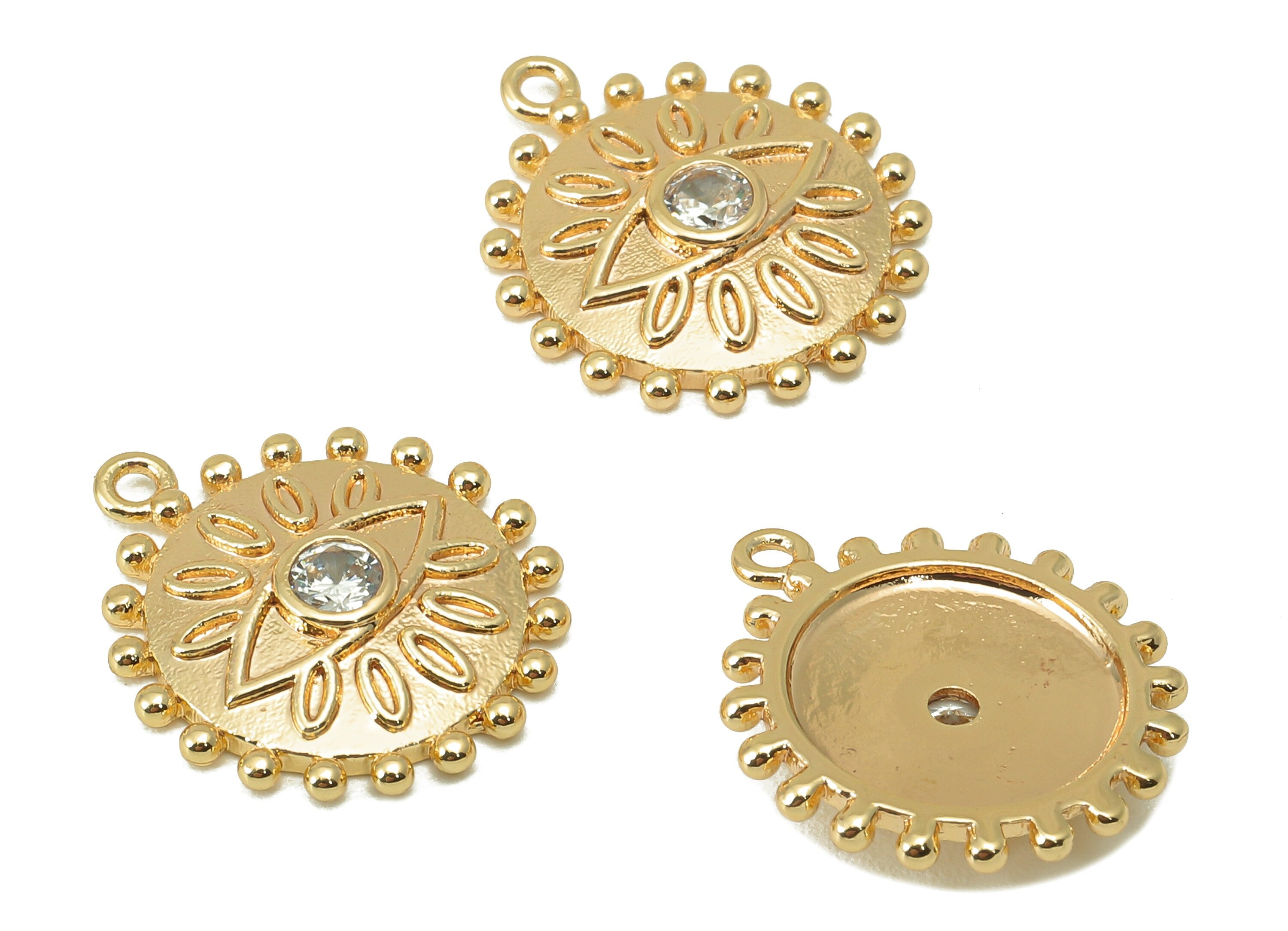 Brass Round Earring Charm - Brass Eye CZ Charm - Brass Cubic Zirconia Pendant - 18K Real Gold Plated - 17.12 x 15.1 x 2.64mm - RGP5961 - DOMEDBAZAAR