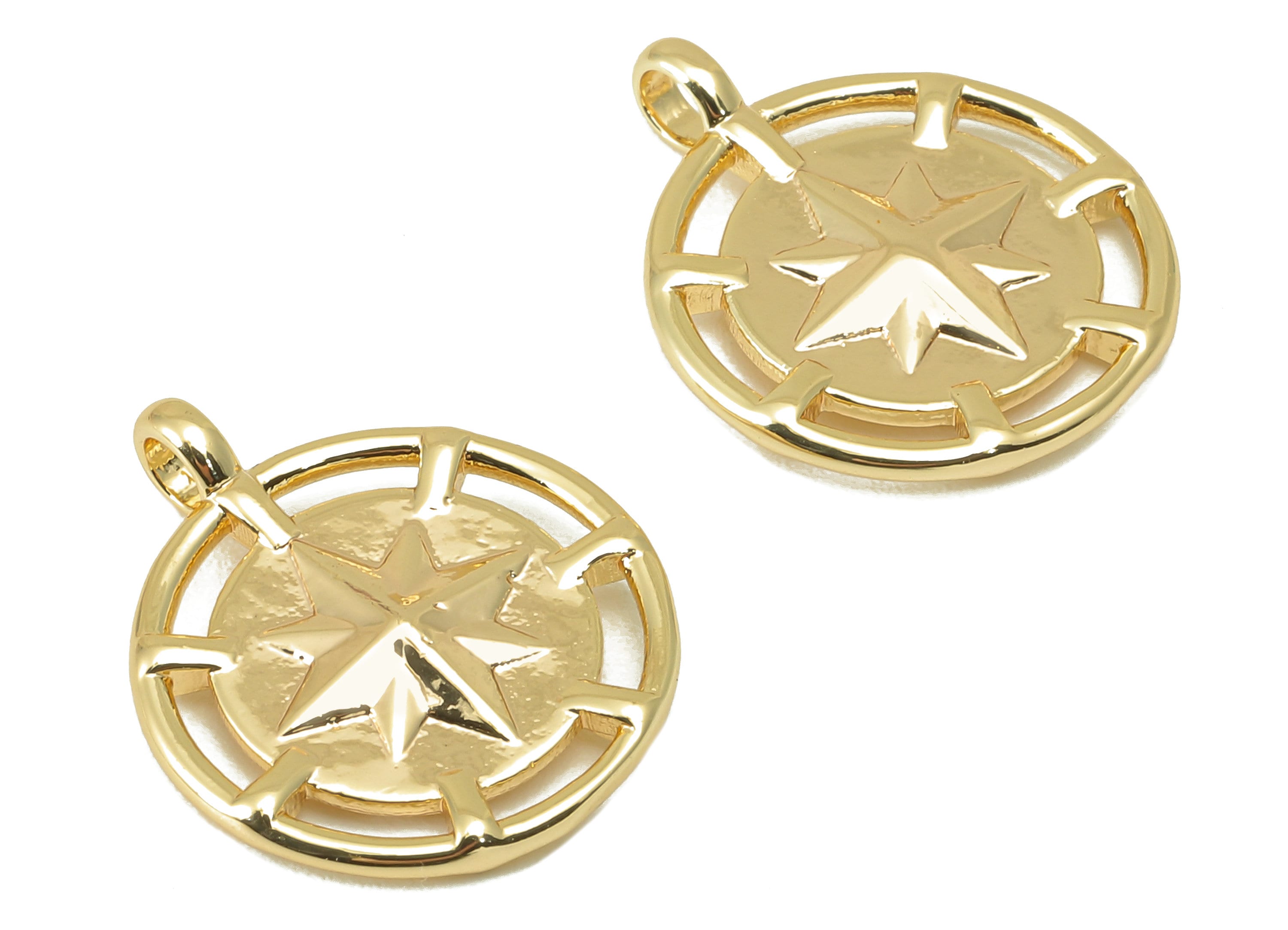 Brass Round Earring Charm - Brass North Star Charm - Brass Cubic Star Pendant - 18K Real Gold Plated -18.75 x 15.47 x 2.9mm - RGP5962 - DOMEDBAZAAR