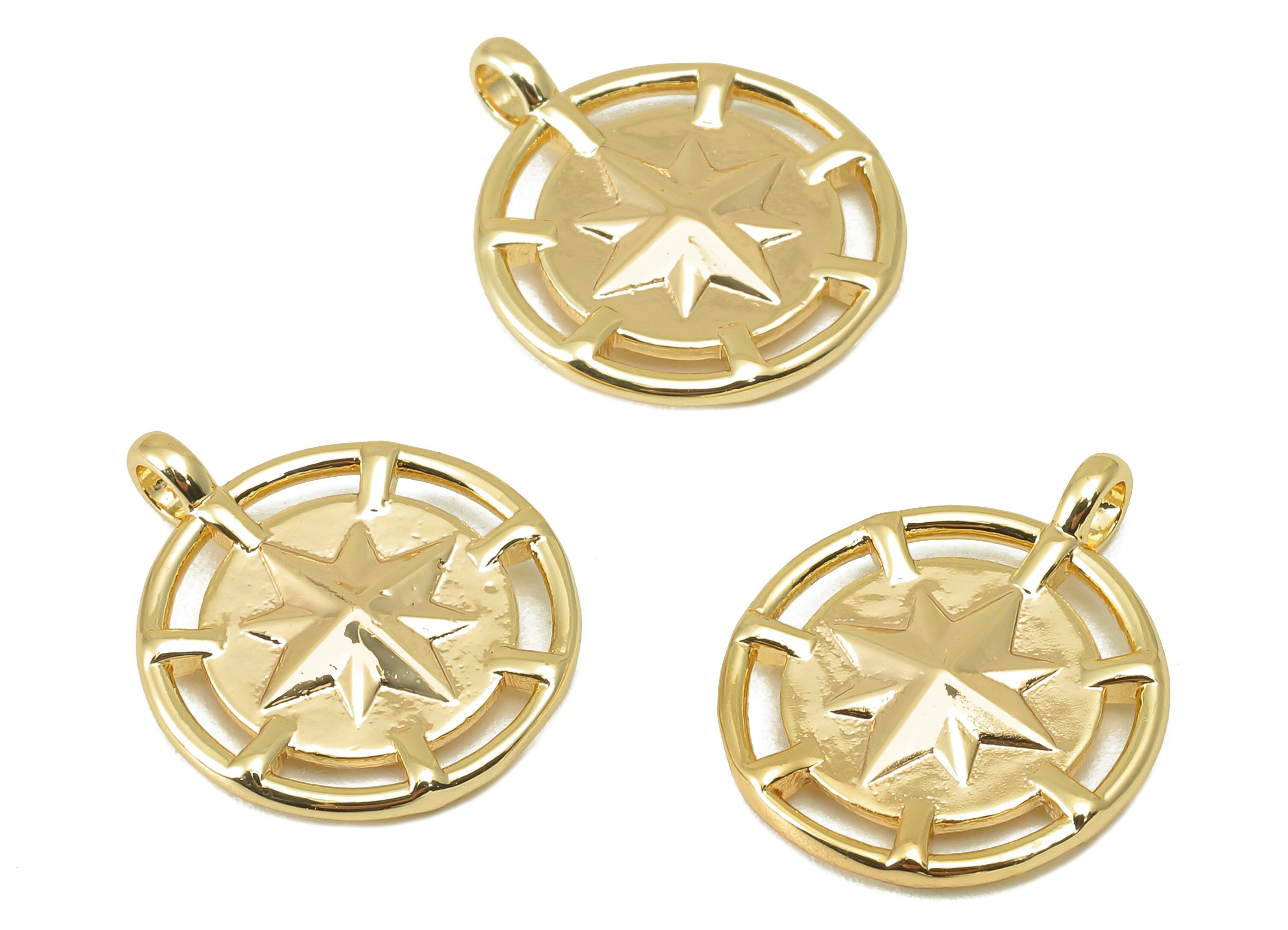 Brass Round Earring Charm - Brass North Star Charm - Brass Cubic Star Pendant - 18K Real Gold Plated -18.75 x 15.47 x 2.9mm - RGP5962 - DOMEDBAZAAR