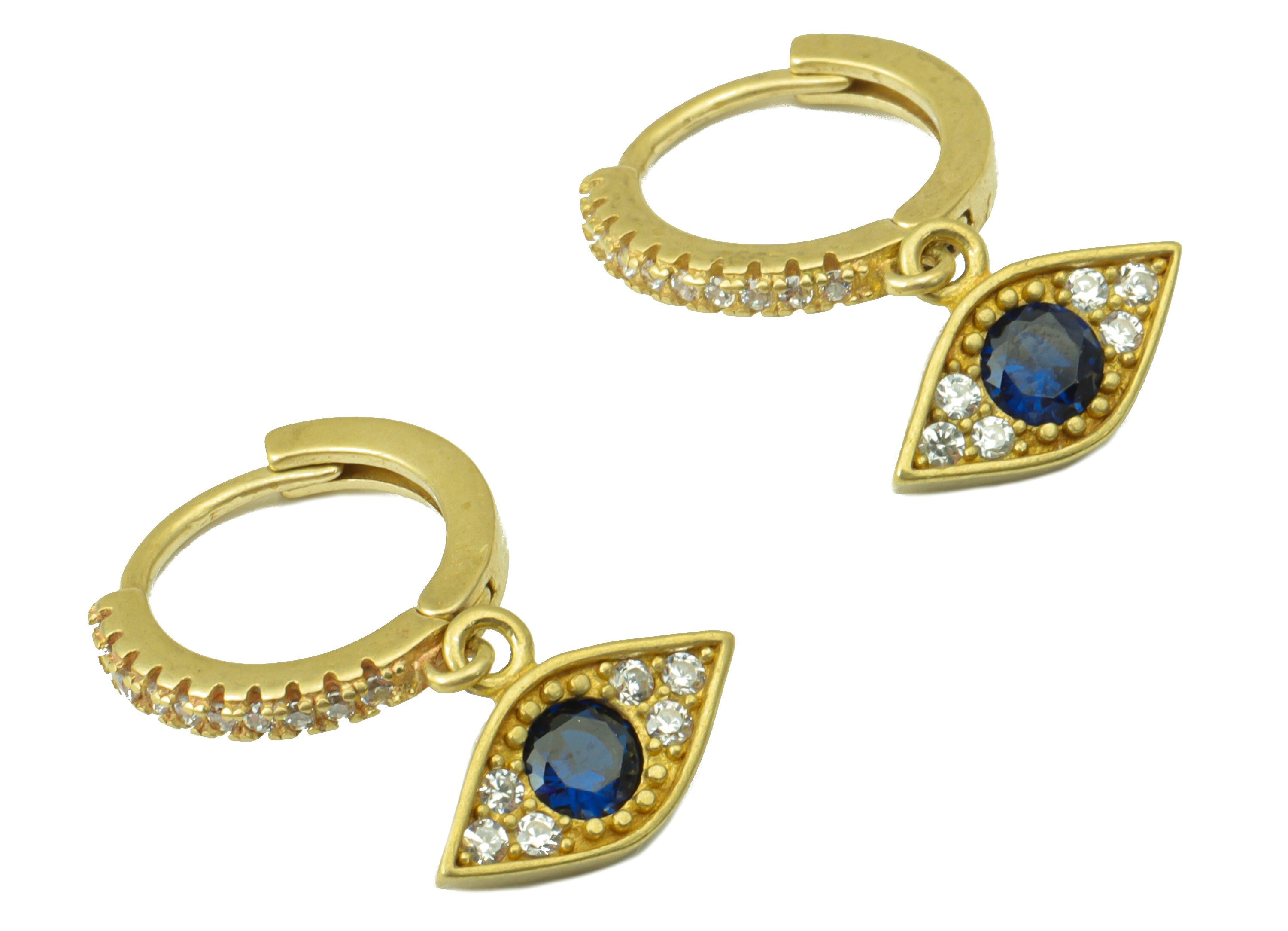 Brass Evil Eyes Clasp –Raw Brass Huggie Hoop  - Cubic  Zircon Blue Eye Earring Clasp - Jewelry Supplies - 20.71x12.68x1.85mm - PP8475 - DOMEDBAZAAR