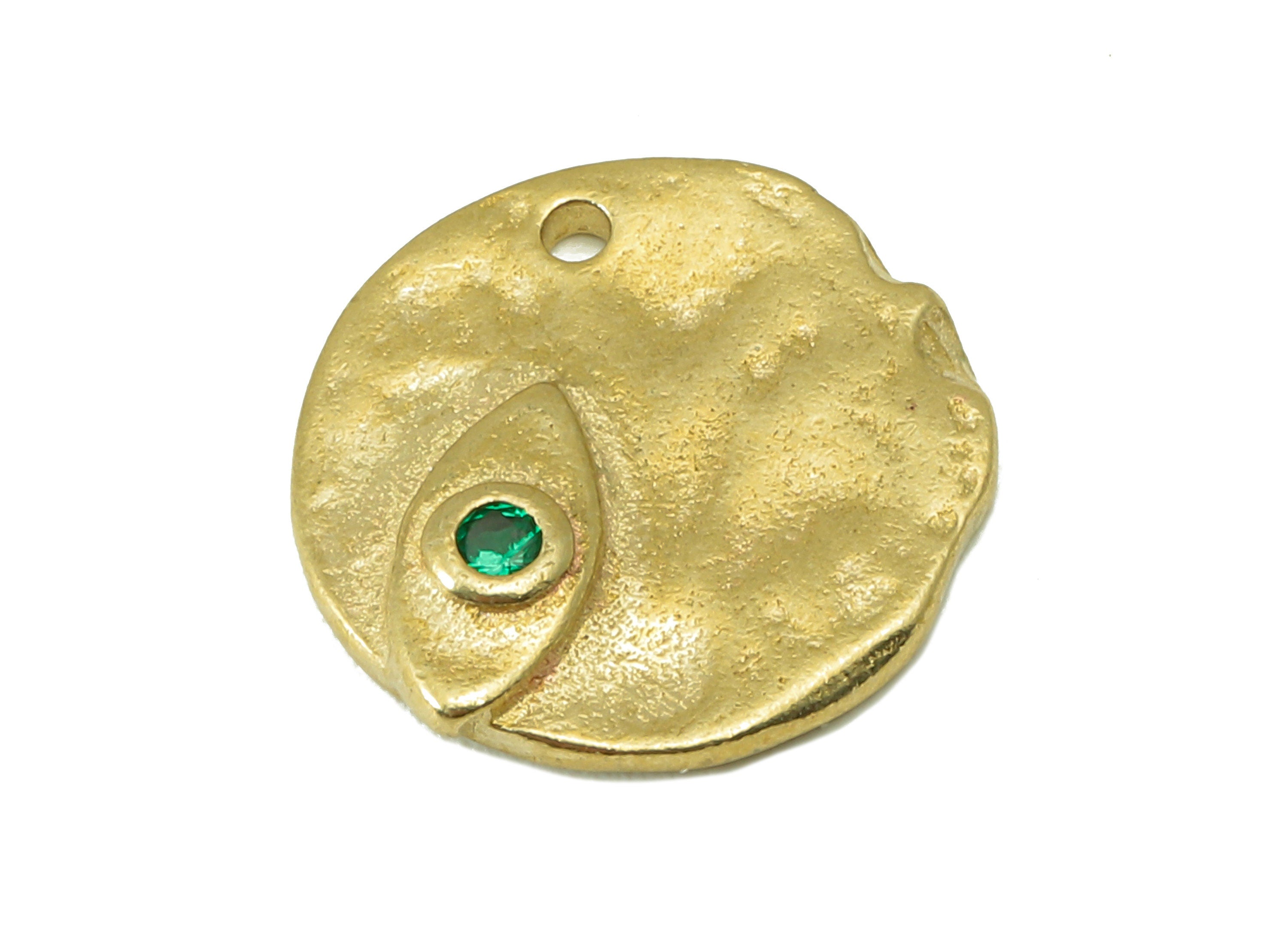 Brass Round Earrings - Raw Brass Irregular Round Charm - Cubic Zircon Circle Green Eye Charm -For Necklace -14x14x2.7mm-PP8329 - DOMEDBAZAAR