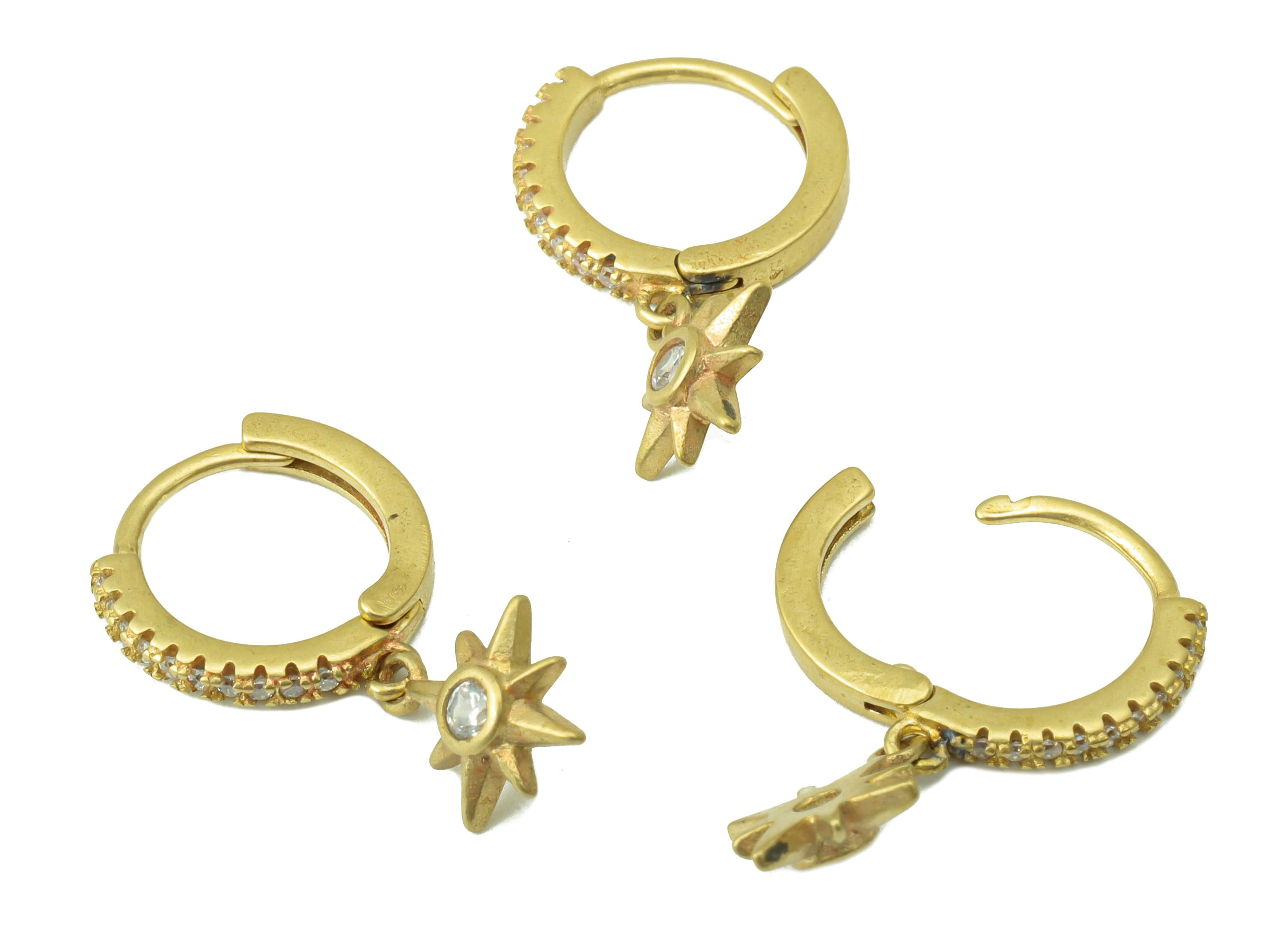 Brass North Star Earring Clasp - Raw Brass Sun Huggie Hoop Earring - Cubic Zircon Earring Clasp -Jewelry Supplies - 23x13x1.85mm - PP8478 - DOMEDBAZAAR
