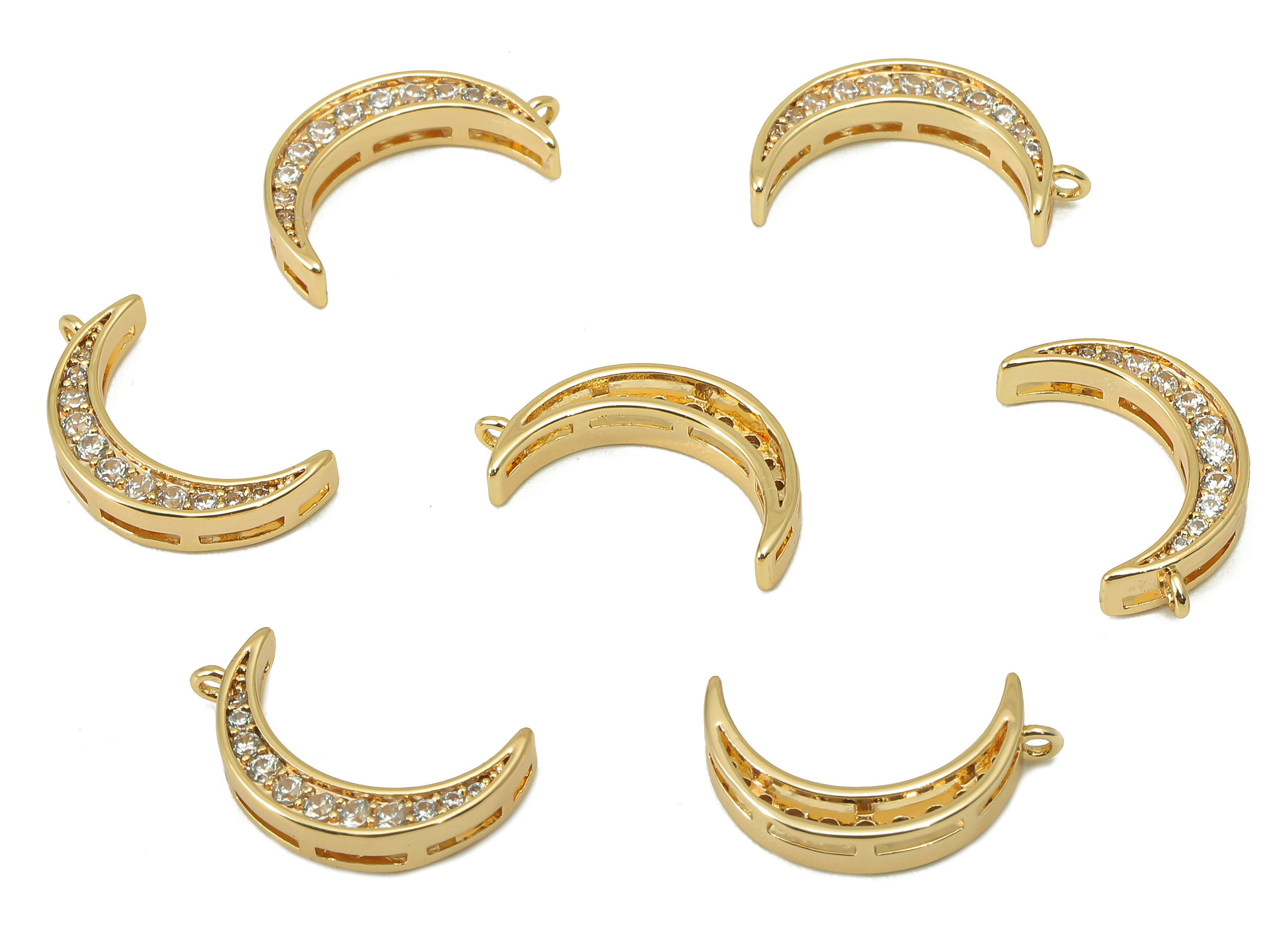 Brass Crescent Earring Charm - Brass Cubic Zirconia Moon Charm - Brass Moon CZ Pendant - 18K Real Gold Plated - 16x3x3mm- RGP5975 - DOMEDBAZAAR