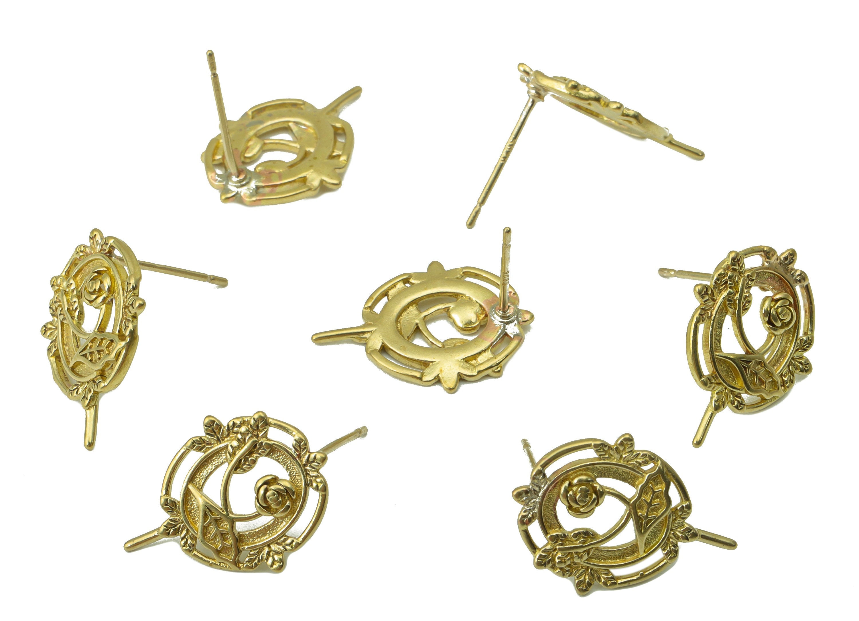Brass Oval Rose Pattern Post - Raw Brass Rose Stud Earring  - Fan With Roses Earring Post -Jewelry Supplies - 17.4x12.8x1.7mm - PP8479 - DOMEDBAZAAR