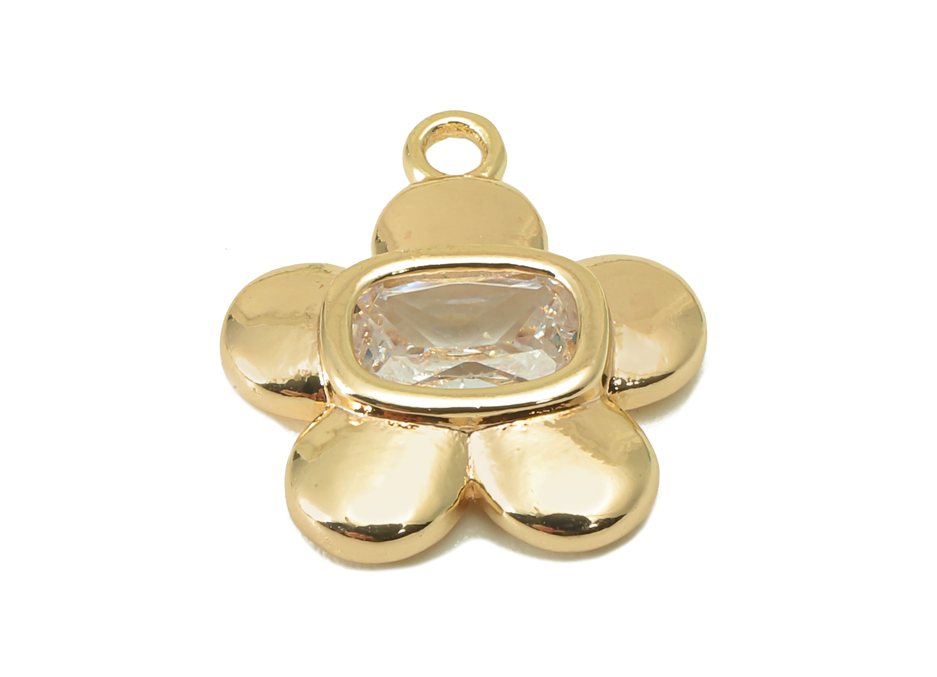 Brass Flower Earring Charm - Brass Cubic Zirconia Petal Charm - Brass Botanical CZ Pendant - 18K Real Gold Plated - 16.33x14.25x3mm- RGP5976 - DOMEDBAZAAR