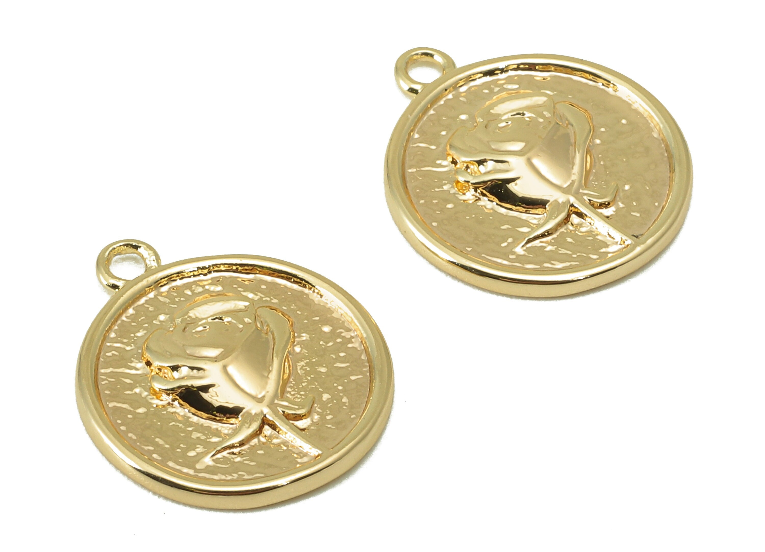 Brass Round Earring Charm - Brass Rose Hammered Charm - Brass Flower Pendant - 18K Real Gold Plated - 14.86x12.66x1.91mm - RGP5992 - DOMEDBAZAAR