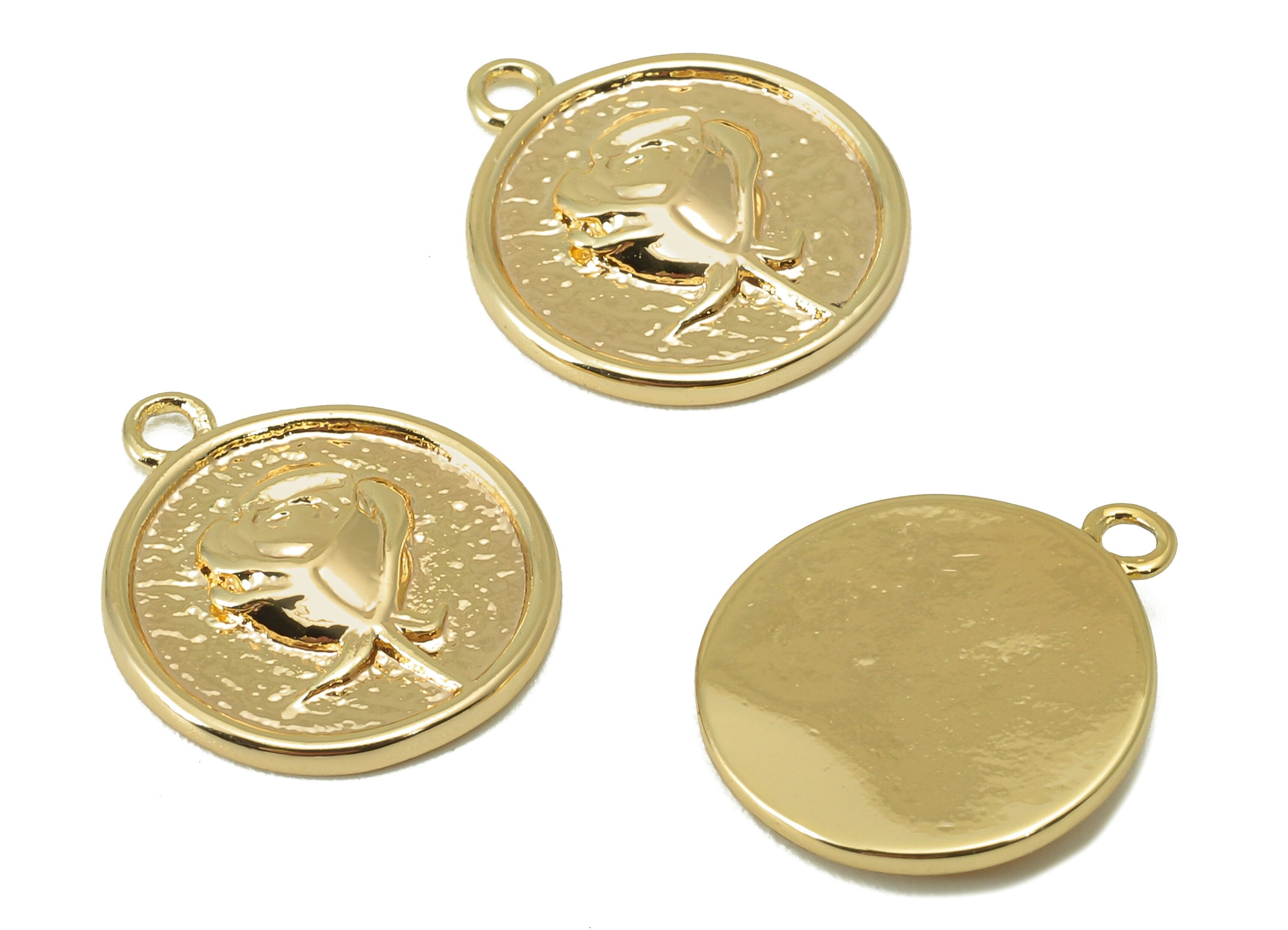 Brass Round Earring Charm - Brass Rose Hammered Charm - Brass Flower Pendant - 18K Real Gold Plated - 14.86x12.66x1.91mm - RGP5992 - DOMEDBAZAAR