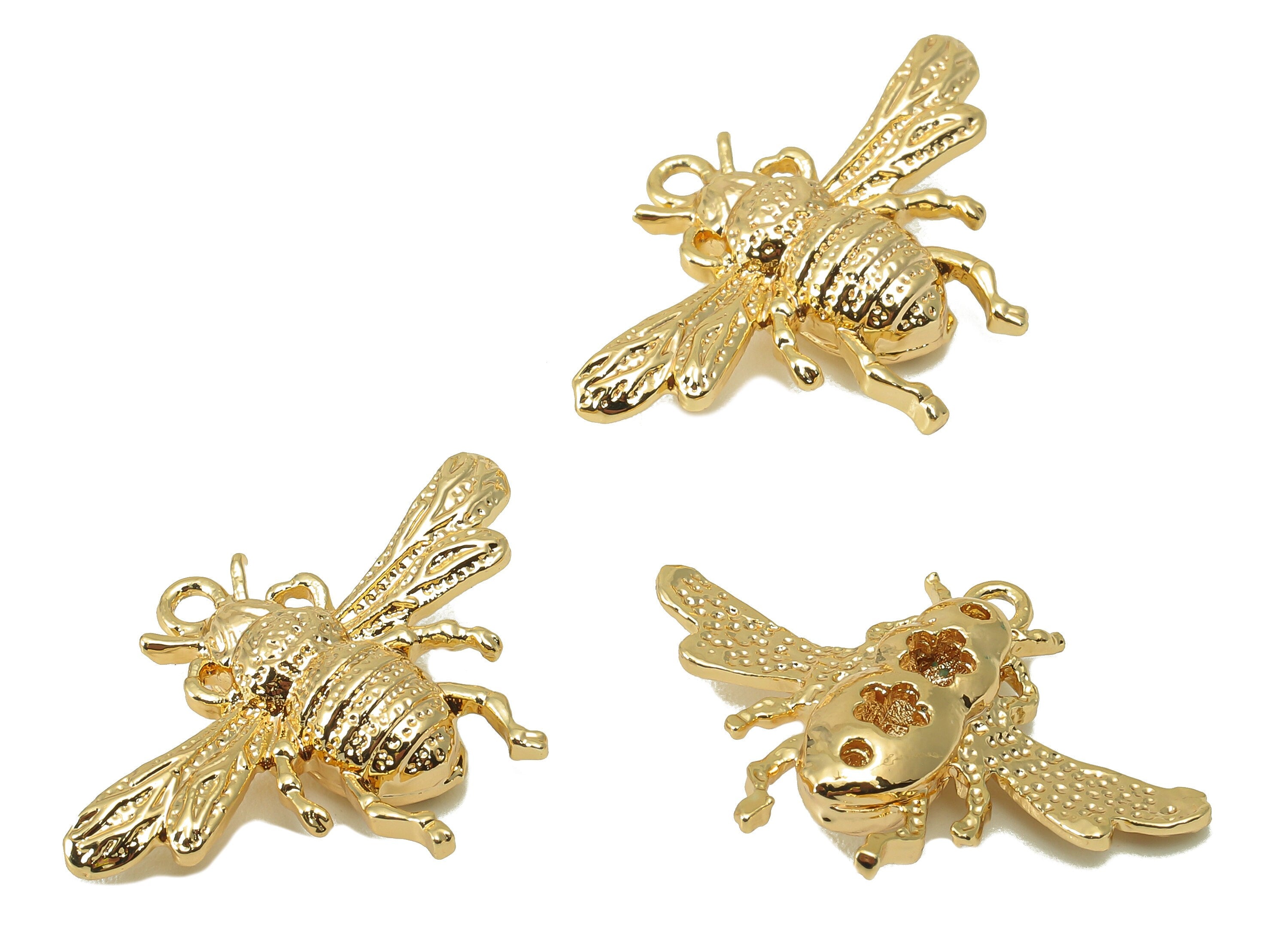 Brass Bee Earring Charm - Brass Animal Charm - Brass Bee Pendant - For Necklace - 18K Real Gold Plated -28.24 x 20.34 x 5.1mm - RGP6002 - DOMEDBAZAAR