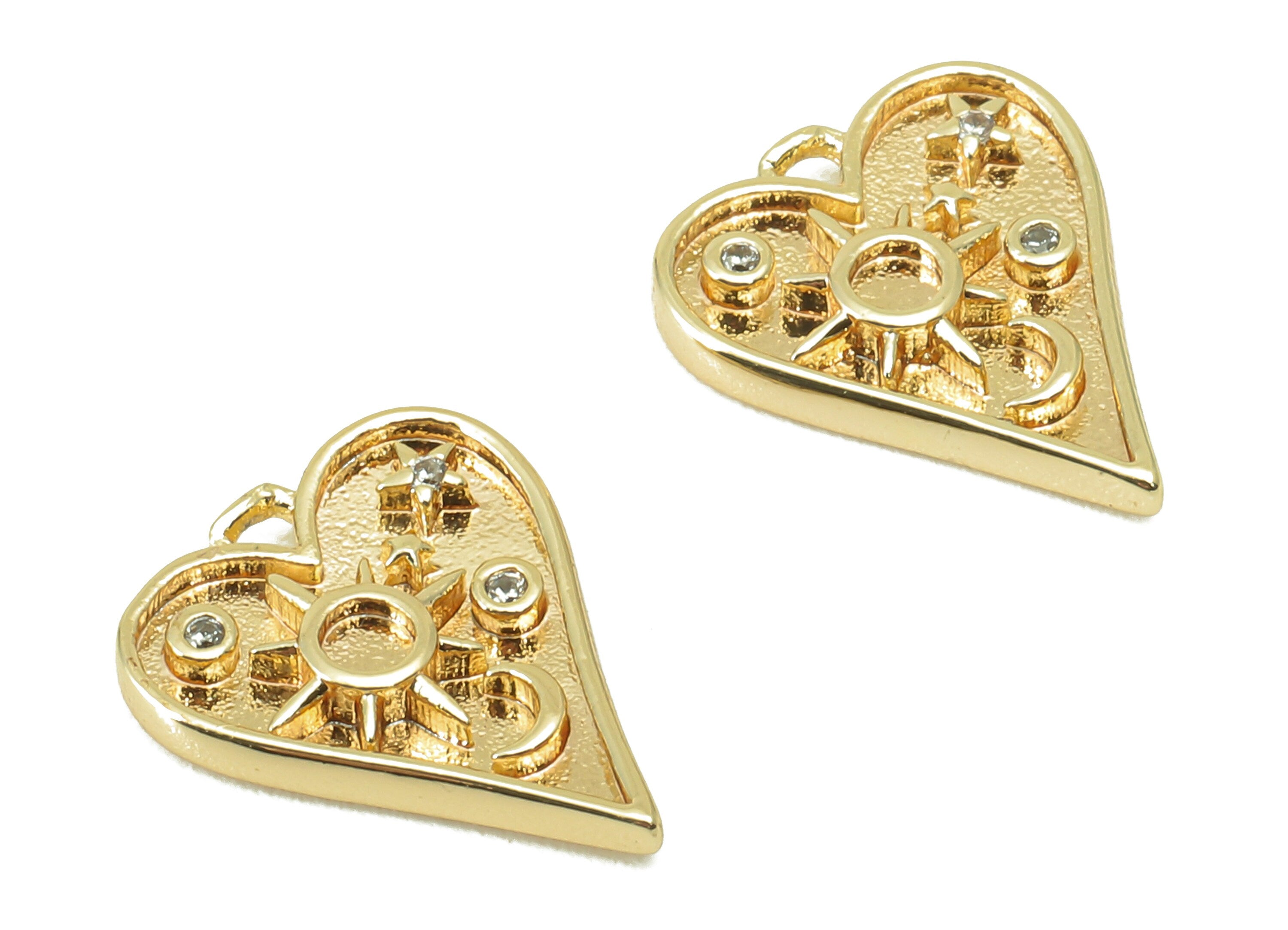 Brass Heart Earring Charm - Brass Cubic Zirconia Sun Charm - Crescent Star Pendant - For Necklace - 18K Real Gold Plated -13x11x2mm- RGP6005 - DOMEDBAZAAR