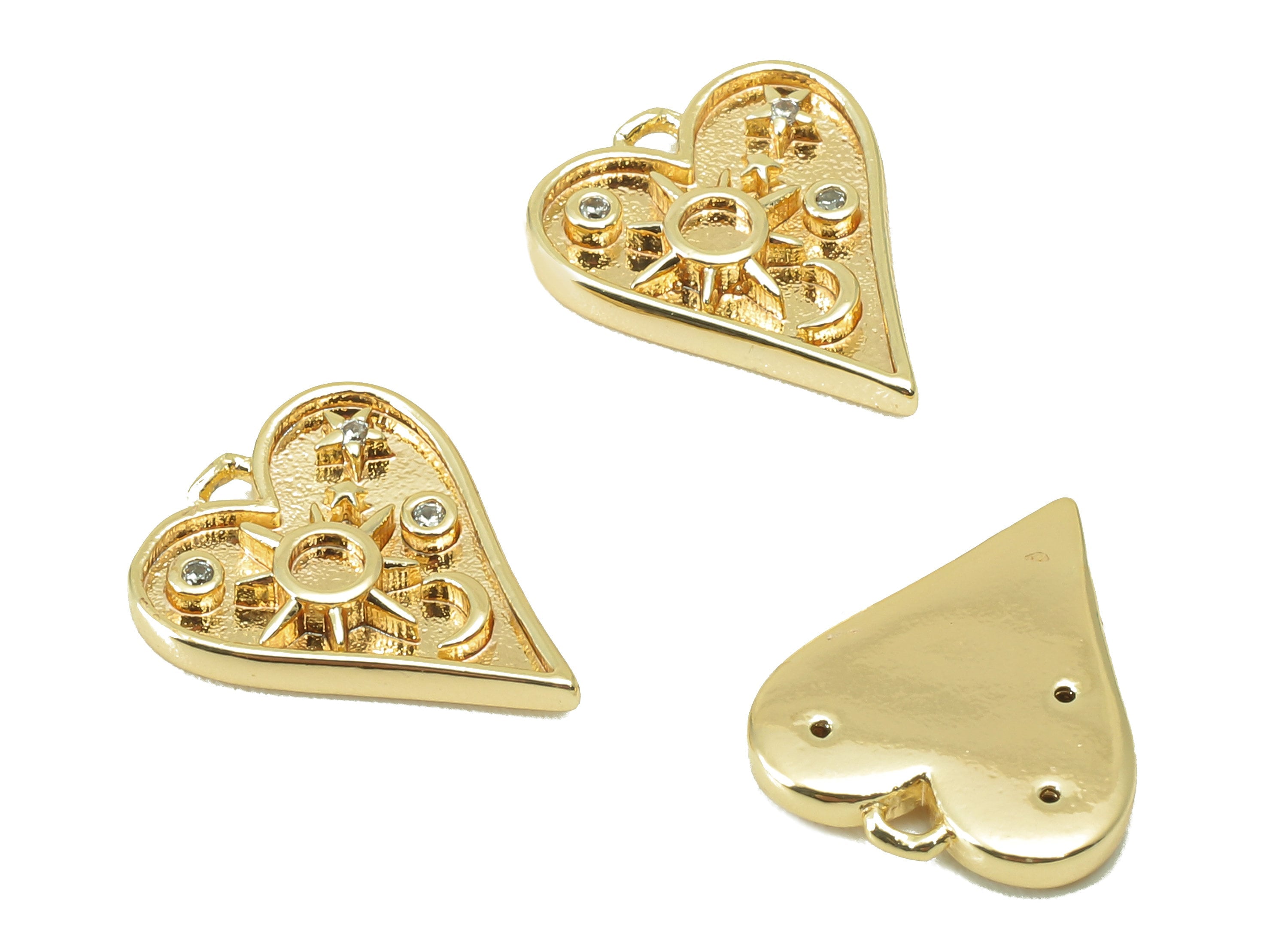 Brass Heart Earring Charm - Brass Cubic Zirconia Sun Charm - Crescent Star Pendant - For Necklace - 18K Real Gold Plated -13x11x2mm- RGP6005 - DOMEDBAZAAR
