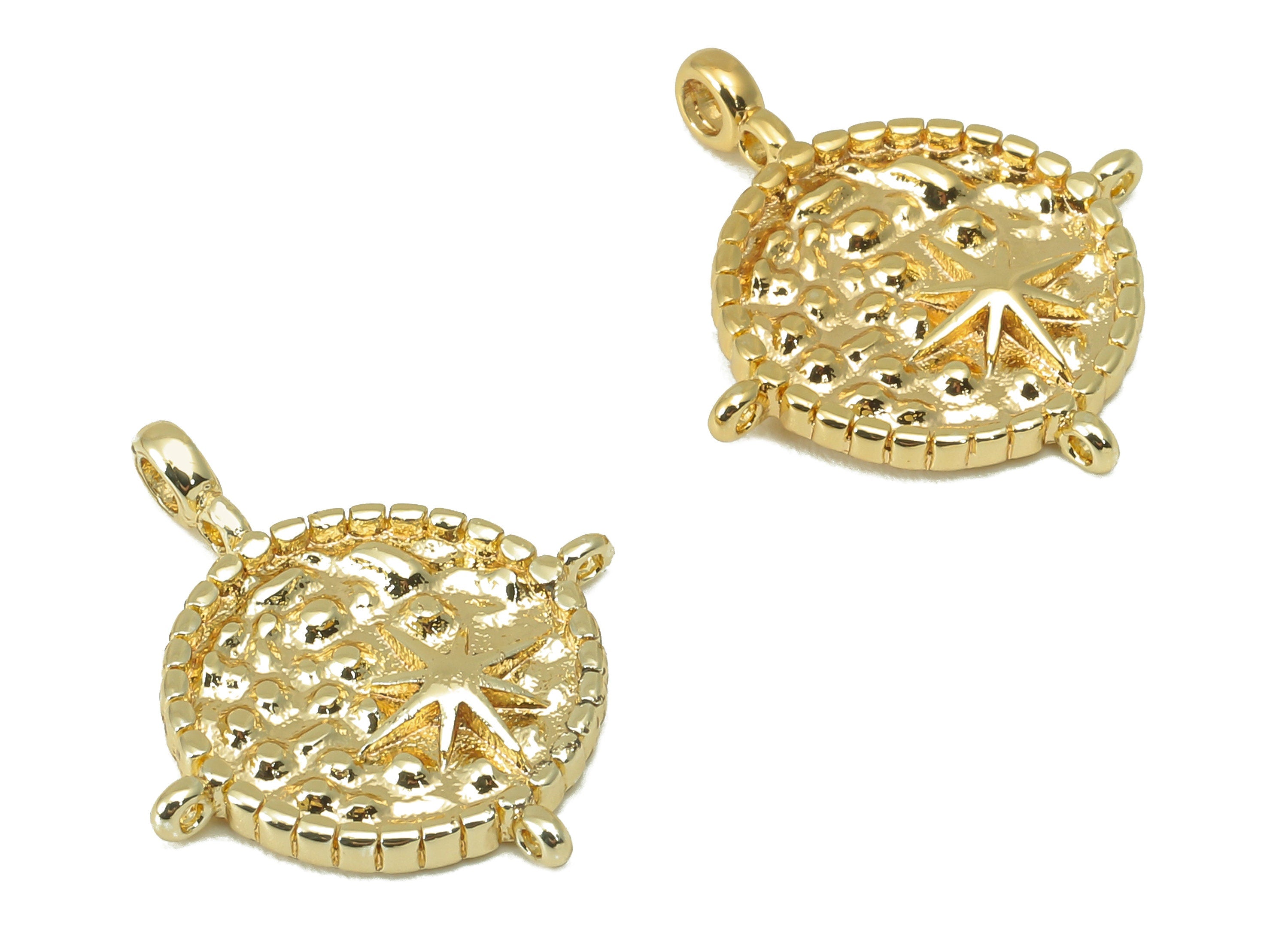 Brass Round Earring Charm - Brass Dot North Star Charm - Star With 3 Hoop Pendant - For Necklace - 18K Real Gold Plated -20x17x2mm- RGP6007 - DOMEDBAZAAR