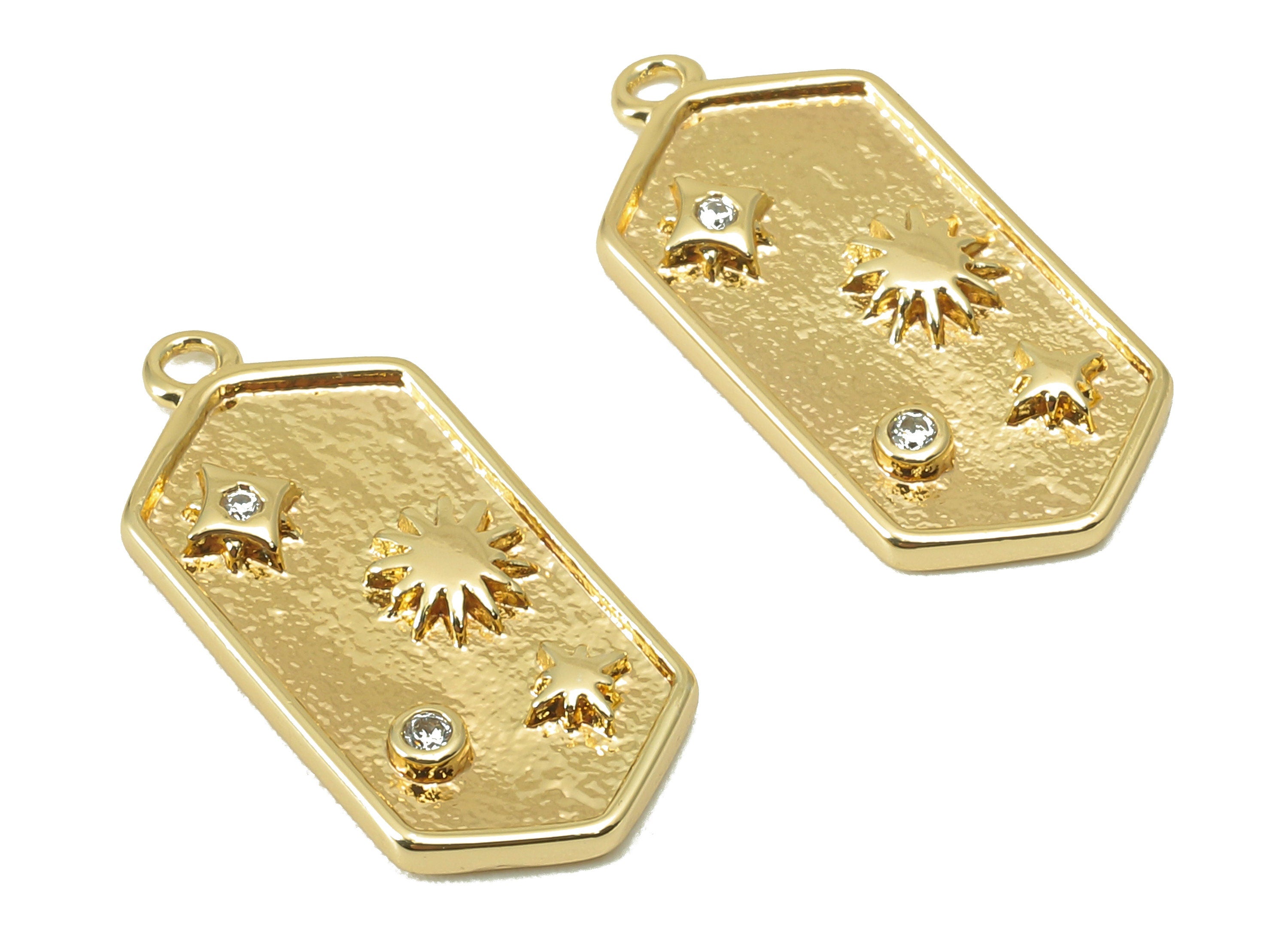 Brass Hexagon Earring Charm - Hammered Cubic Zirconia Star Charm -Brass Sun Pendant-For Necklace - 18K Real Gold Plated - 21x10x2mm -RGP6044 - DOMEDBAZAAR
