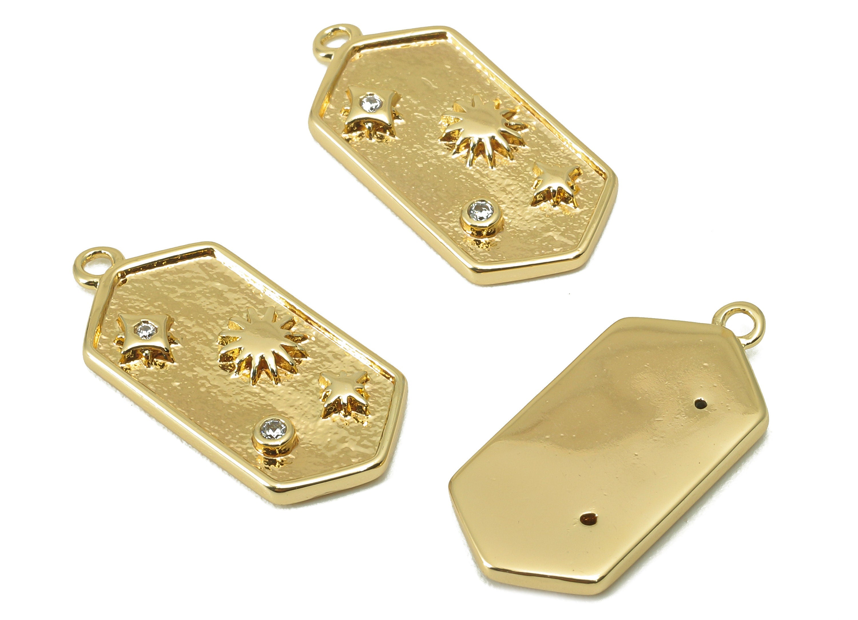 Brass Hexagon Earring Charm - Hammered Cubic Zirconia Star Charm -Brass Sun Pendant-For Necklace - 18K Real Gold Plated - 21x10x2mm -RGP6044 - DOMEDBAZAAR