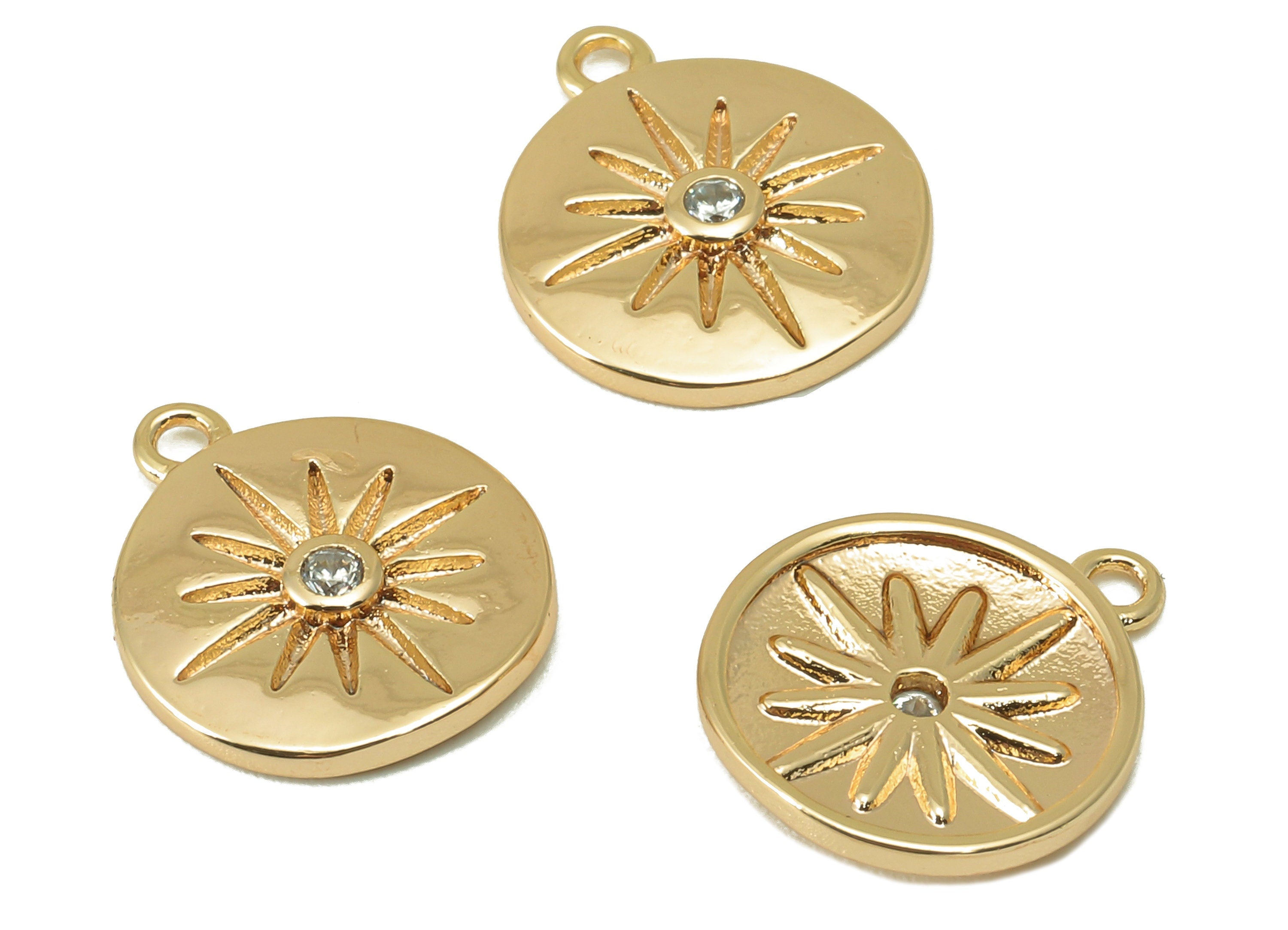 Brass Round Earring Charm - Brass Cubic Zirconia Star Charm -Brass CZ Star Pendant- For Necklace - 18K Real Gold Plated - 14x12x1mm-RGP6051 - DOMEDBAZAAR