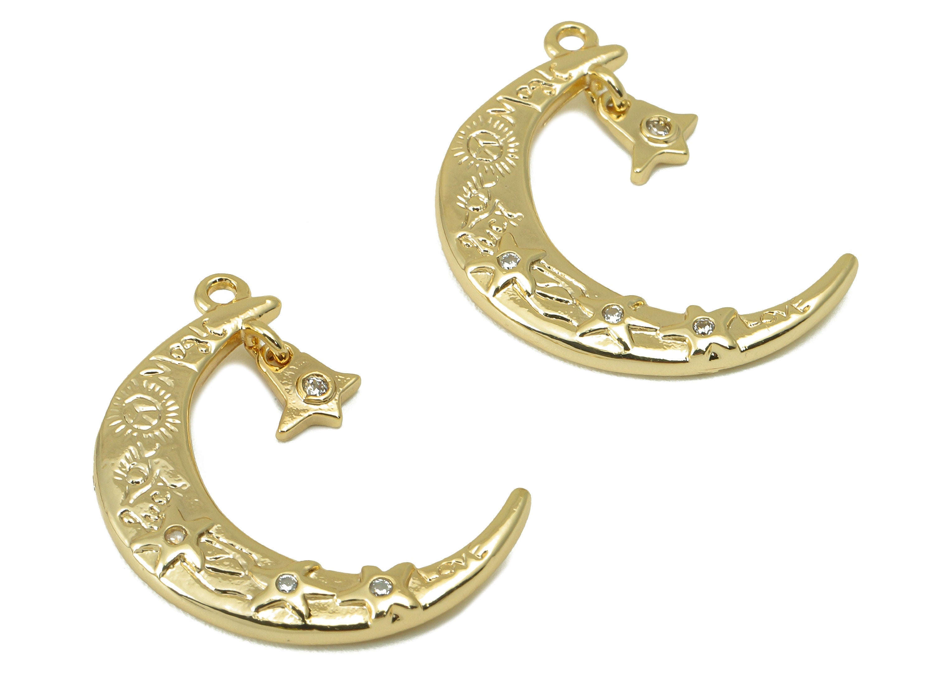 Brass Crescent Earring Charm - Brass Cubic Zirconia Star Charm - CZ Moon Pendant- For Necklace - 18K Real Gold Plated - 26x6x2mm-RGP6054 - DOMEDBAZAAR