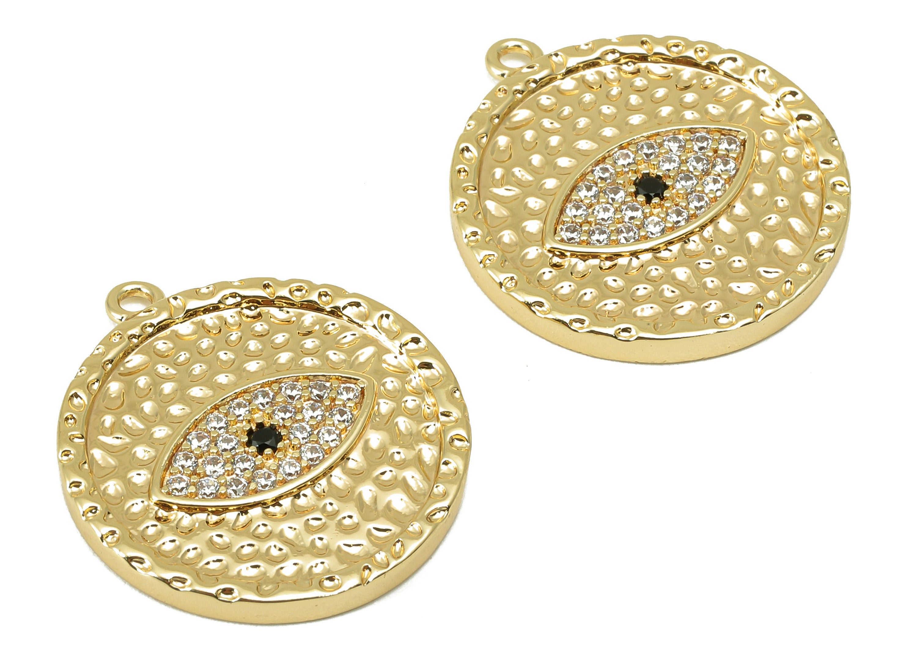 Brass Round Earring Charm - Brass Cubic Zirconia Eye Charm - CZ Hammered Eye Pendant- For Necklace - 18K Real Gold Plated -23x21x2mm-RGP6056 - DOMEDBAZAAR