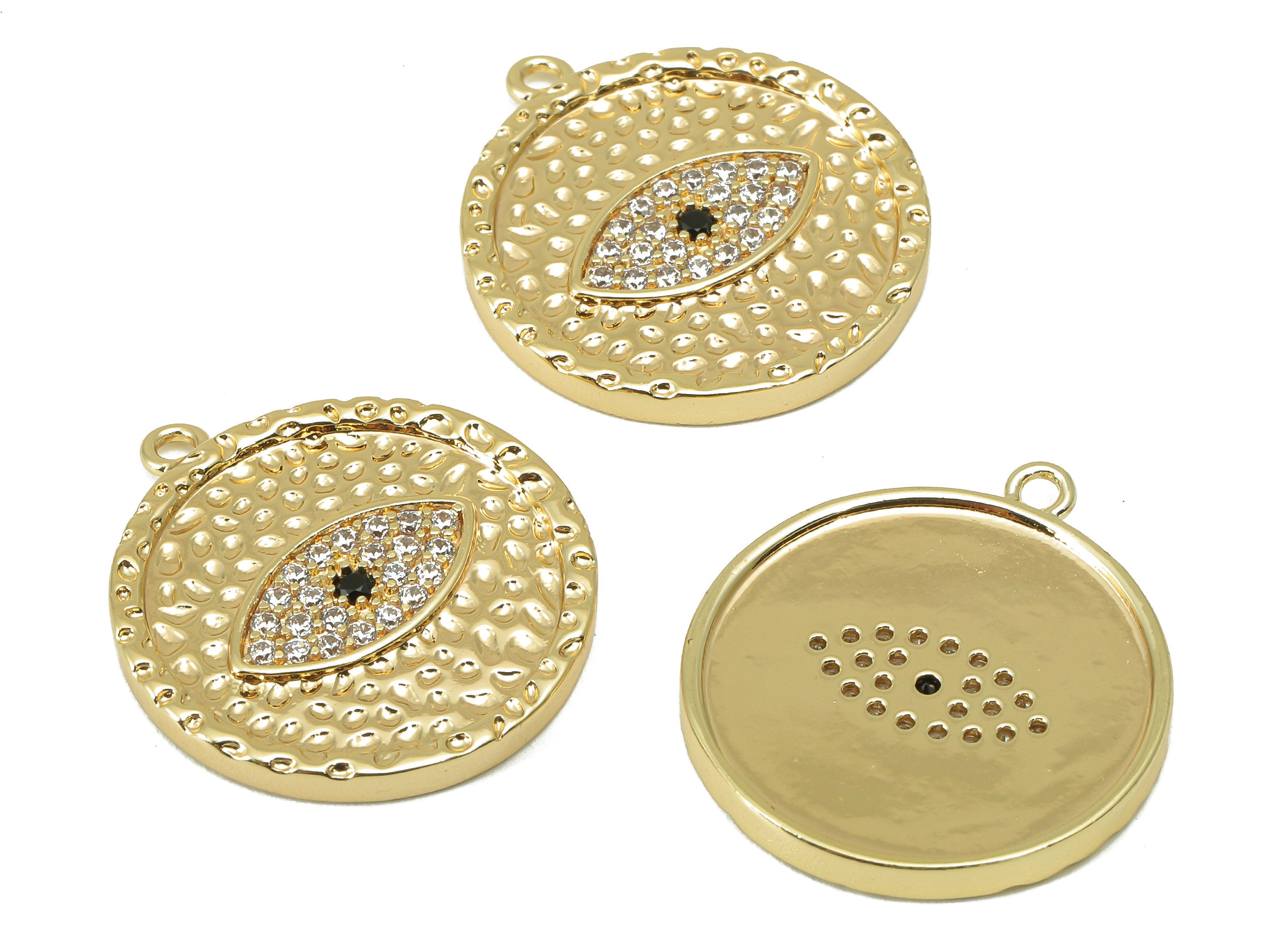Brass Round Earring Charm - Brass Cubic Zirconia Eye Charm - CZ Hammered Eye Pendant- For Necklace - 18K Real Gold Plated -23x21x2mm-RGP6056 - DOMEDBAZAAR