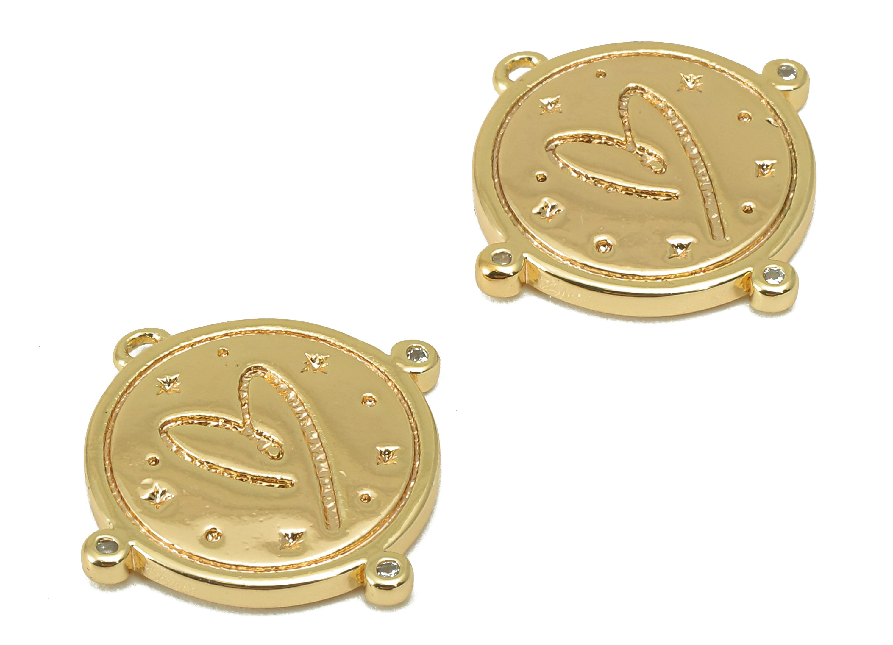 Brass Round Earring Charm - Brass Cubic Zirconia Heart Charm -Brass CZ Heart Pendant- For Necklace - 18K Real Gold Plated -19x19x2mm-RGP6091 - DOMEDBAZAAR