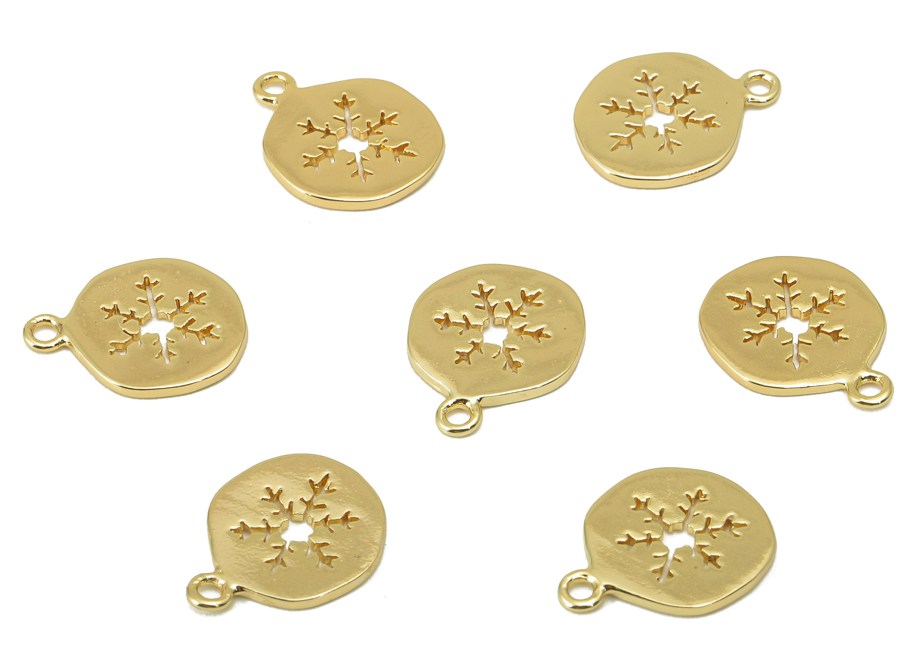 Brass Round Earring Charm - Brass Snowflake Charm - Brass Hollow Snowflake Pendant - For Necklace - 18K Real Gold Plated -13x10x1mm- RGP6109 - DOMEDBAZAAR