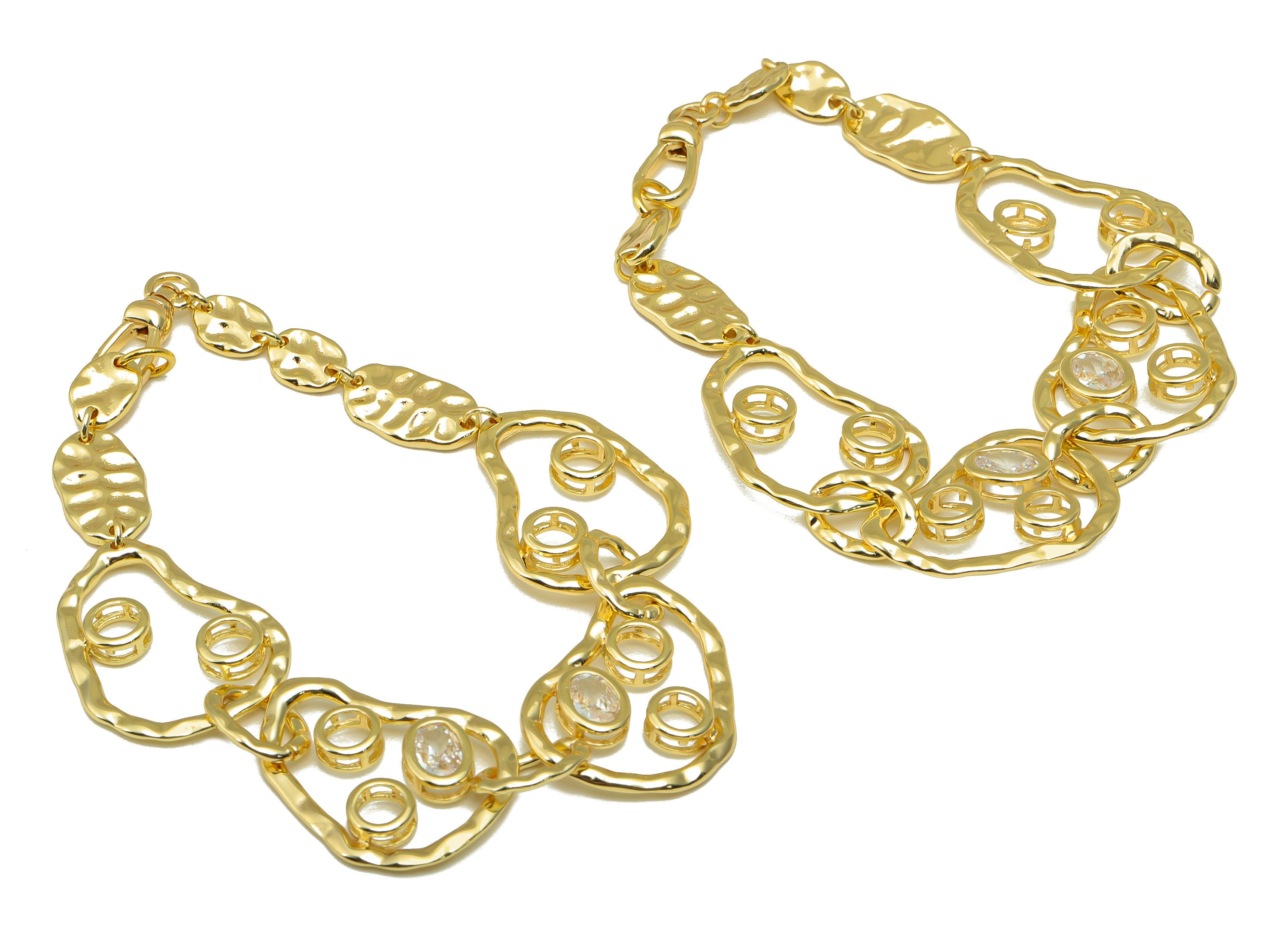 Brass Irregular Bracelet - Brass Hammered CZ Bracelet- Cubic Zircon Bracelet - Jewelry Supplies - 18K Real Gold Plated -196x21x3mm- RGP6484 - DOMEDBAZAAR