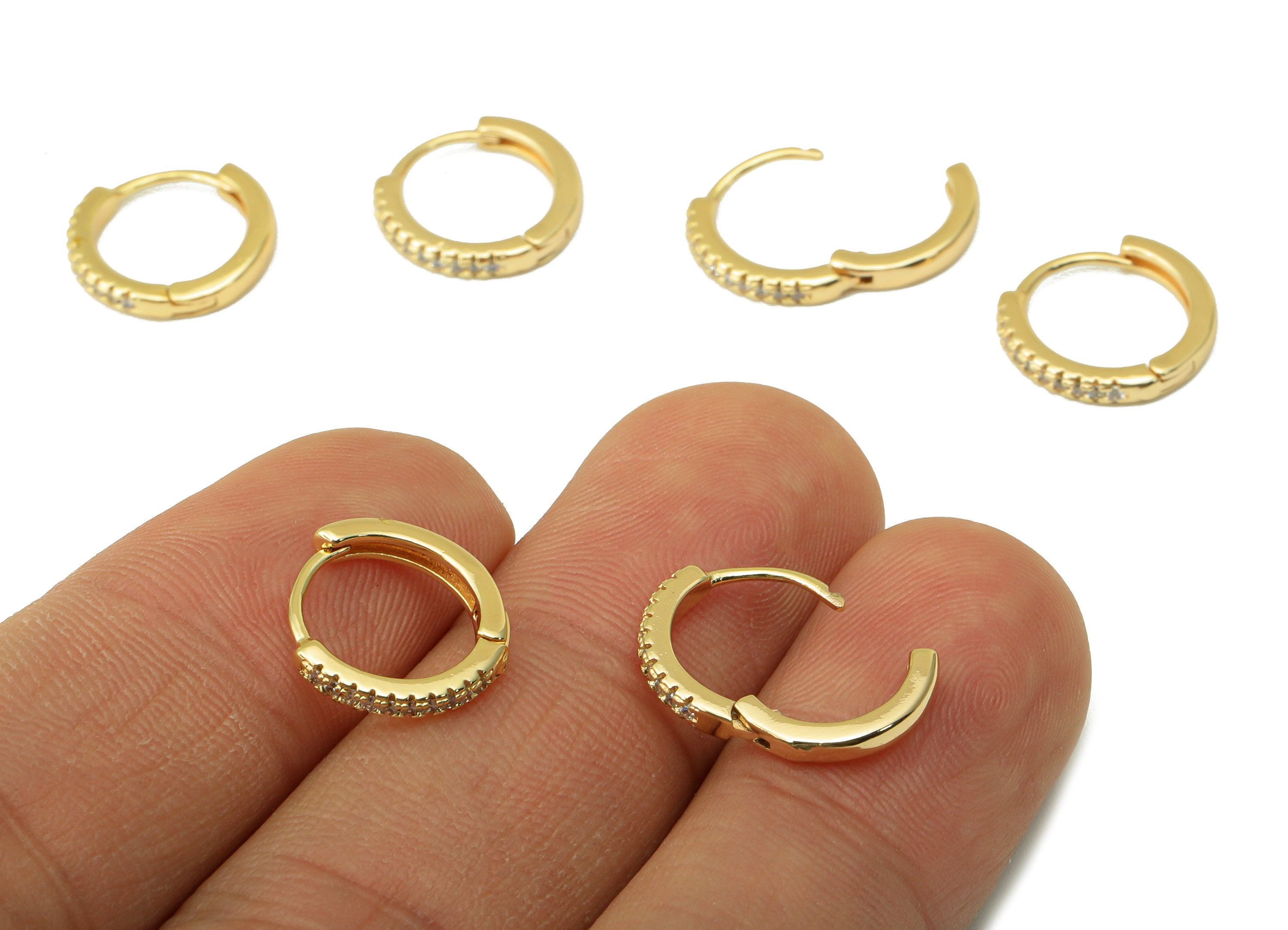 Brass Round Earring Clasp - Brass CZ Huggie Hoop Clasp - Cubic Zirconia Circle Hoop Clasp - 18K Real Gold Plated - 13x12x1.95mm- RGP6353 - DOMEDBAZAAR