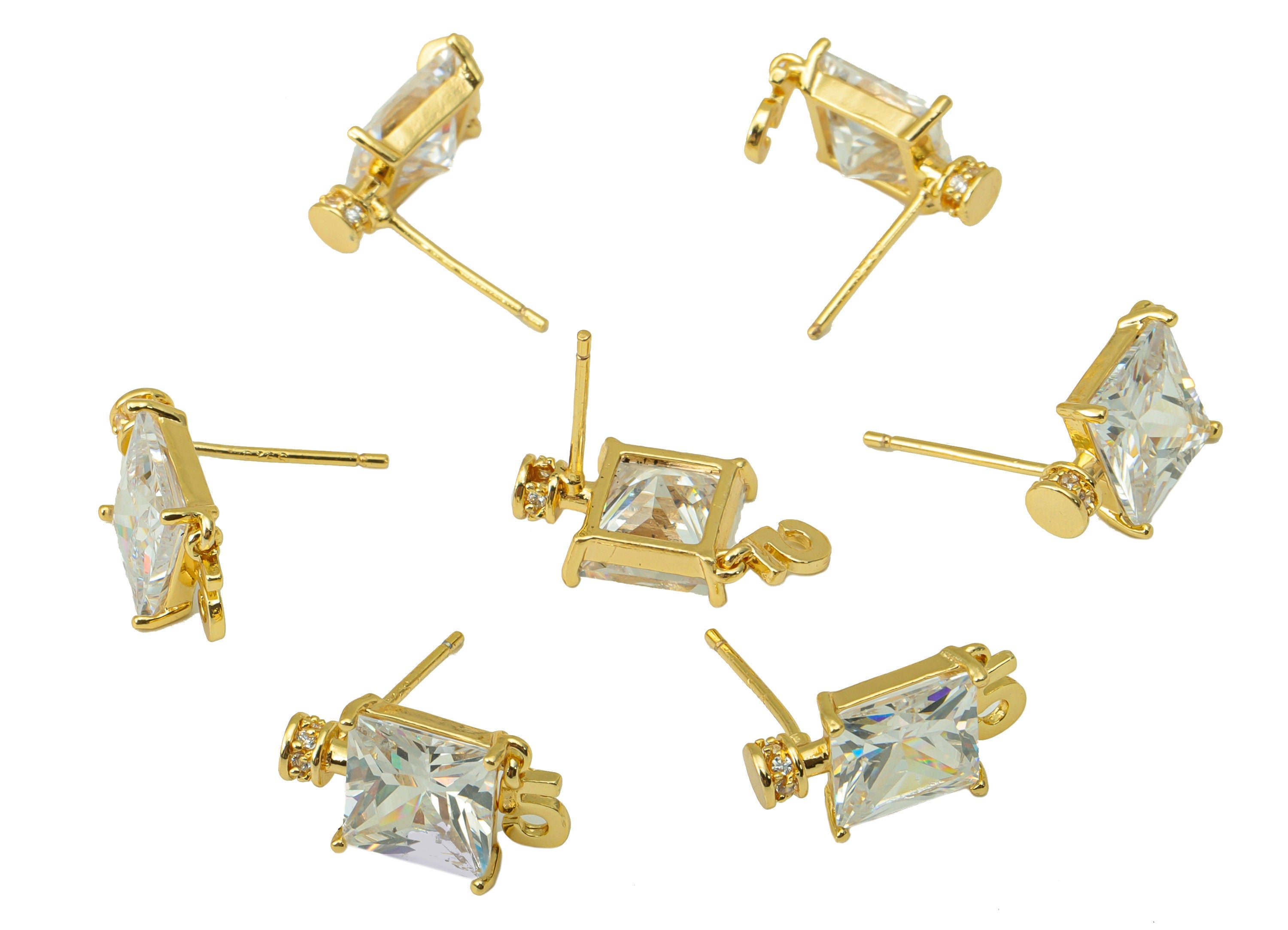 Brass 5 Earring Stud - Brass Cubic Zirconia Earring Post - Princess Post - Perfume Bottle Stud -18K Real Gold Plated - 10x9x3mm- RGP6415 - DOMEDBAZAAR