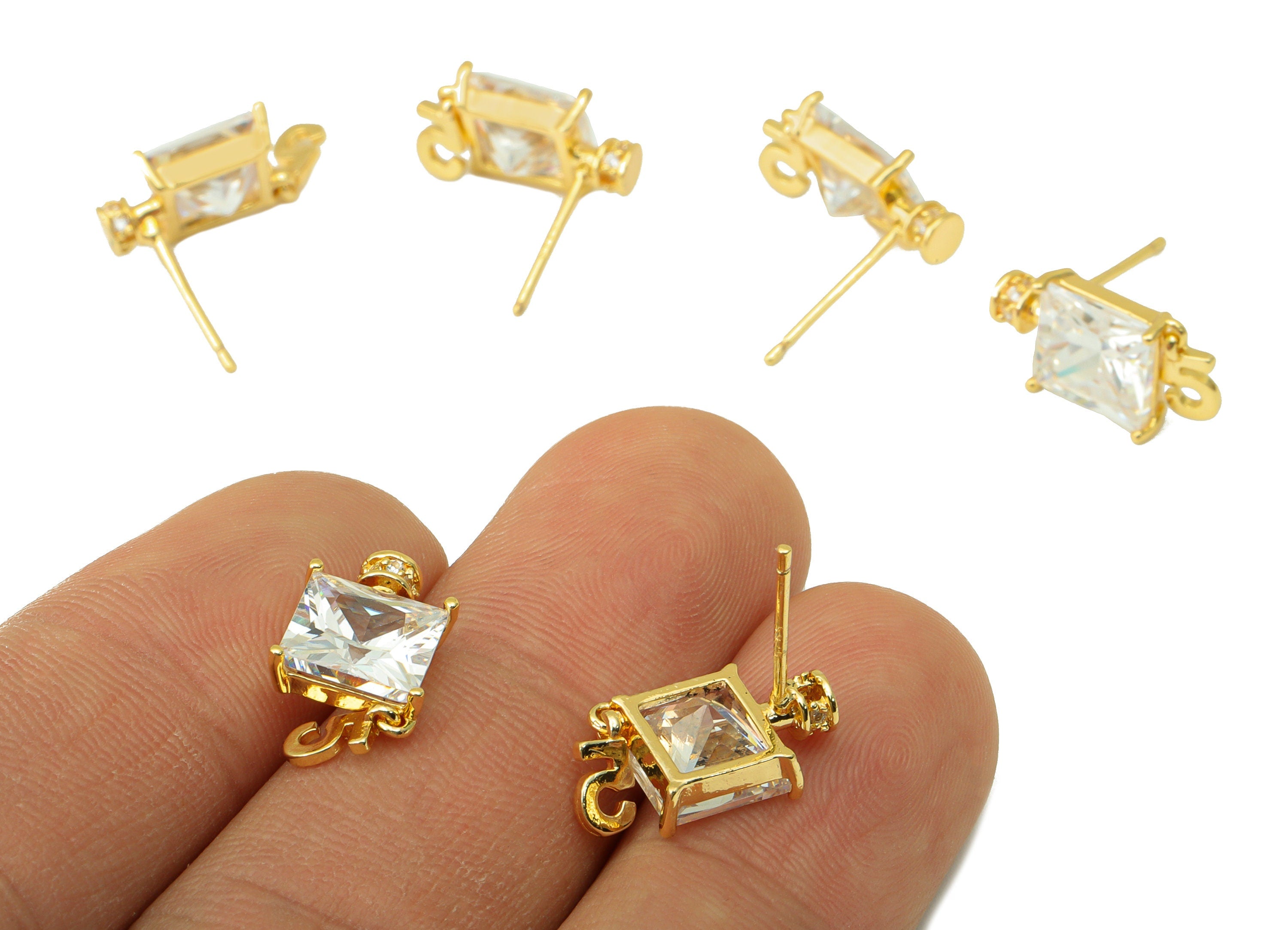 Brass 5 Earring Stud - Brass Cubic Zirconia Earring Post - Princess Post - Perfume Bottle Stud -18K Real Gold Plated - 10x9x3mm- RGP6415 - DOMEDBAZAAR