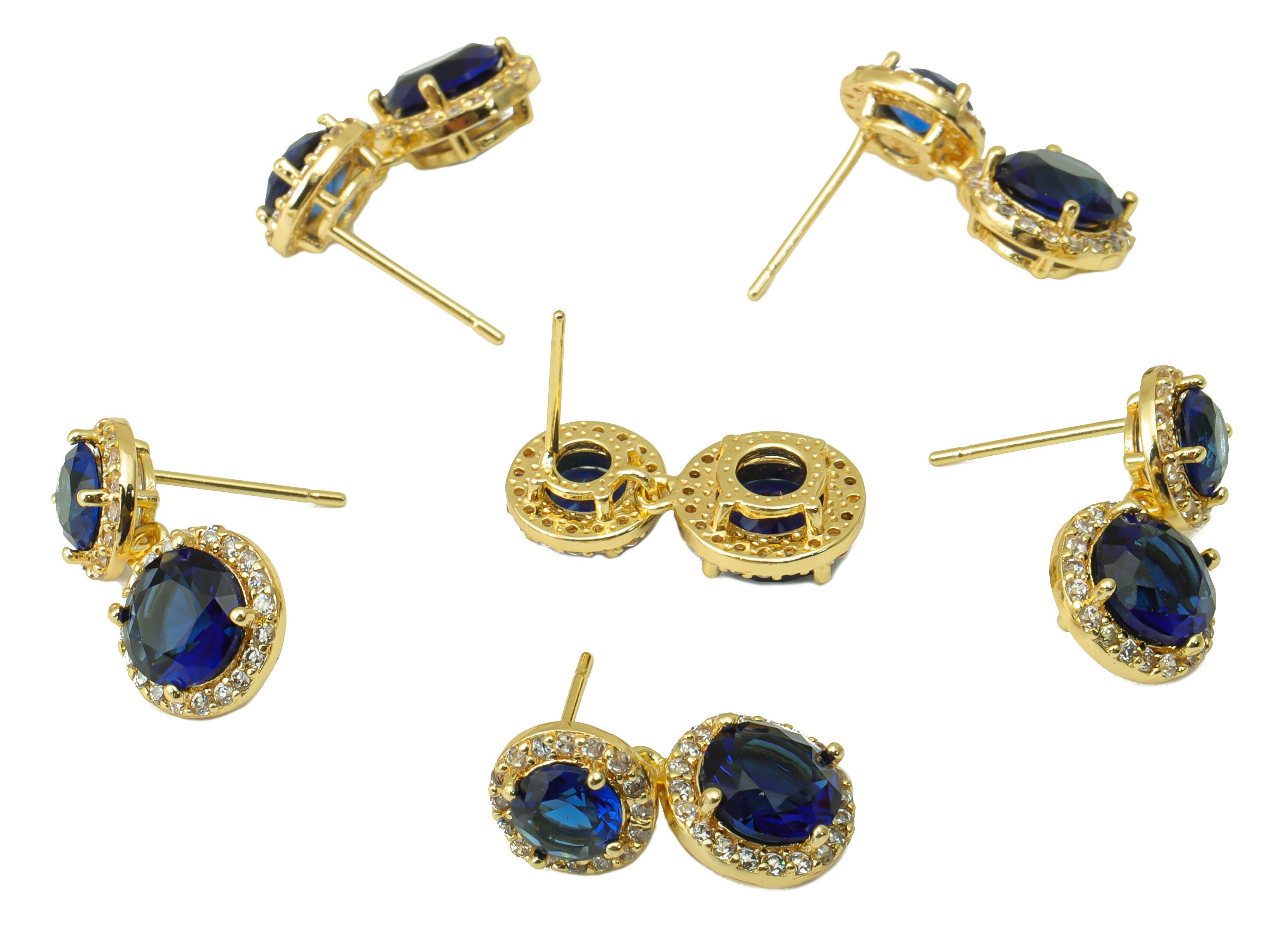 Brass Blue Earring Stud - Brass Round Earring Post - Double Earring Post -Cubic Zirconia Stud -18K Real Gold Plated - 18.17x10x5mm- RGP6408 - DOMEDBAZAAR