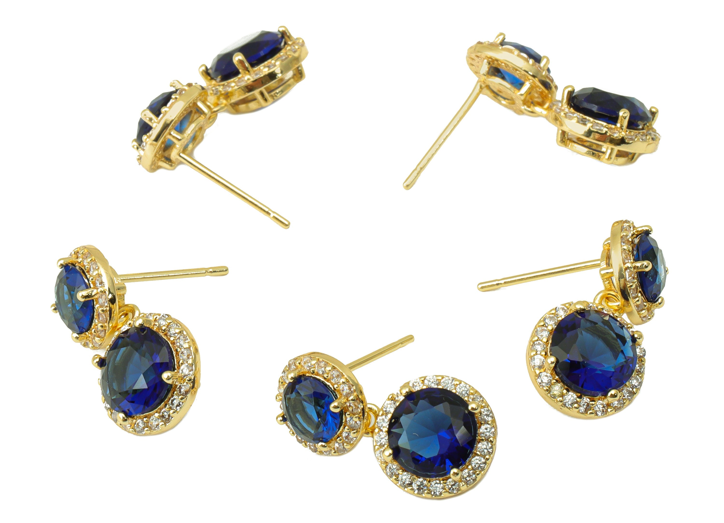 Brass Blue Earring Stud - Brass Round Earring Post - Double Earring Post -Cubic Zirconia Stud -18K Real Gold Plated - 18.17x10x5mm- RGP6408 - DOMEDBAZAAR