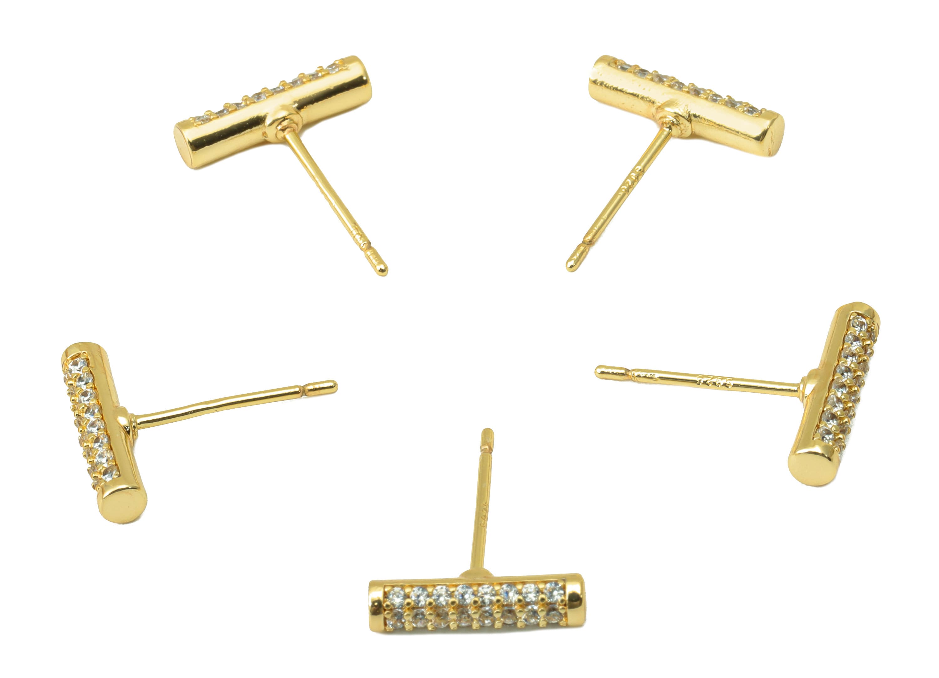 Brass Bar Earring Stud - Brass Cylinder Earring Post - Geometry Earring Post -Cubic Zirconia Stud -18K Real Gold Plated - 12x3x2mm- RGP6407 - DOMEDBAZAAR