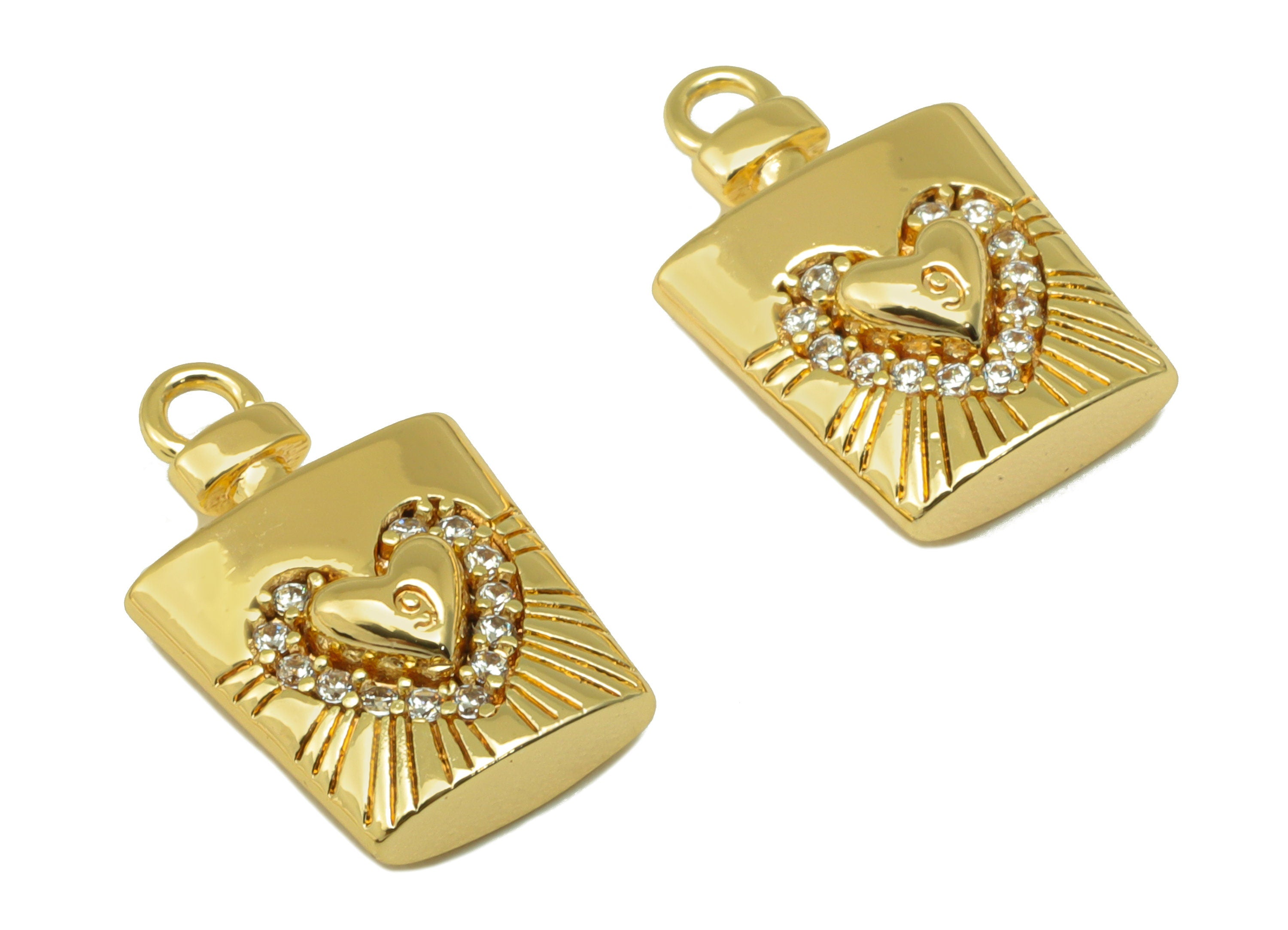 Brass Flagon Earring - Brass Cubic Zirconia Heart Pendant - CZ Textured Perfume Necklace -18K Real Gold Plated - 15x 9.85x3.89mm- RGP6516 - DOMEDBAZAAR