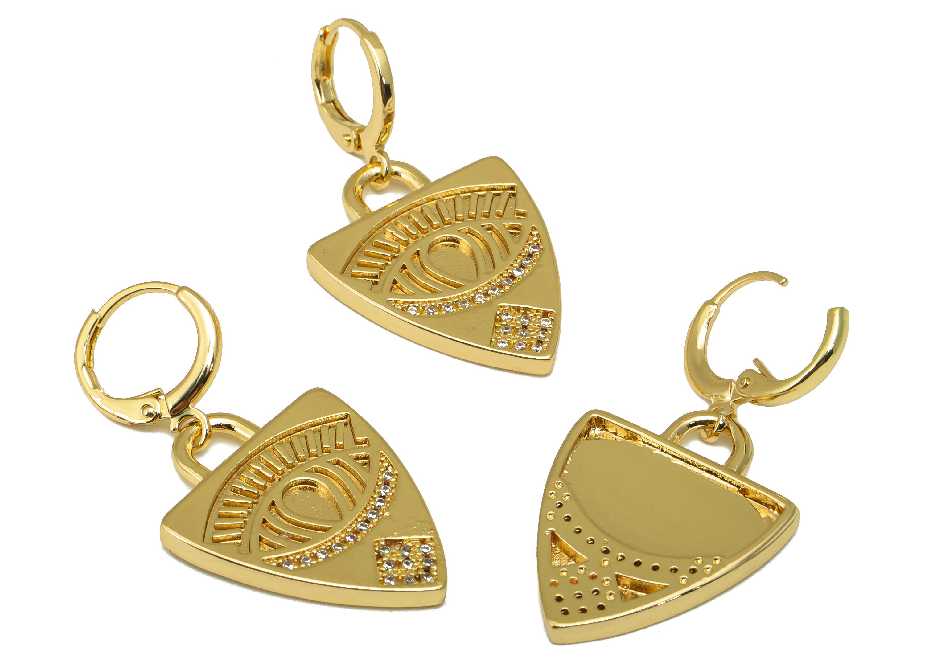 Brass Shield Clasp Earring Charm - Brass Cubic Zirconia Eye Clasp - Lever Back Hoop Clasp - 18K Real Gold Plated - 39.27x19.58x2mm- RGP6670 - DOMEDBAZAAR