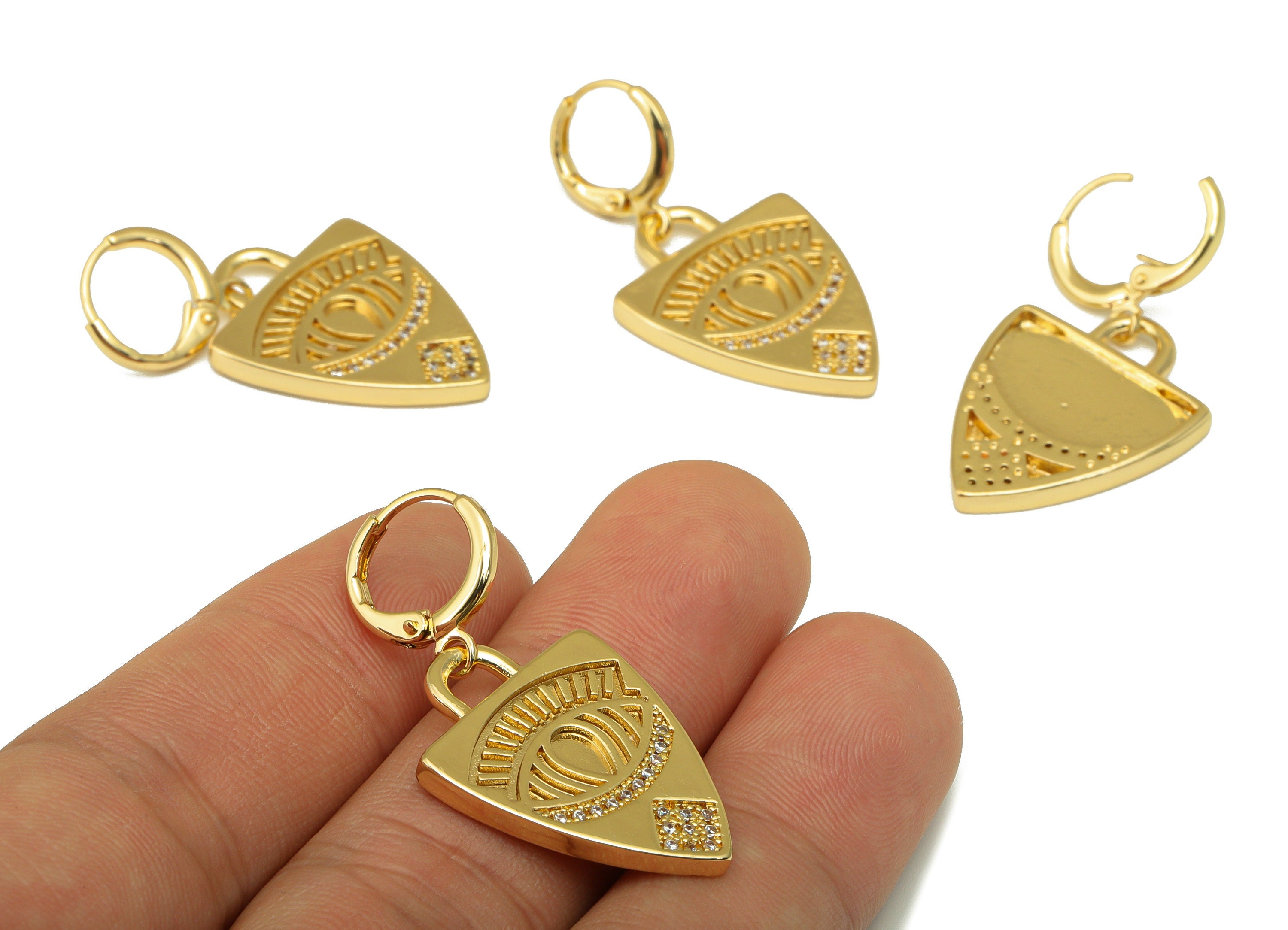 Brass Shield Clasp Earring Charm - Brass Cubic Zirconia Eye Clasp - Lever Back Hoop Clasp - 18K Real Gold Plated - 39.27x19.58x2mm- RGP6670 - DOMEDBAZAAR