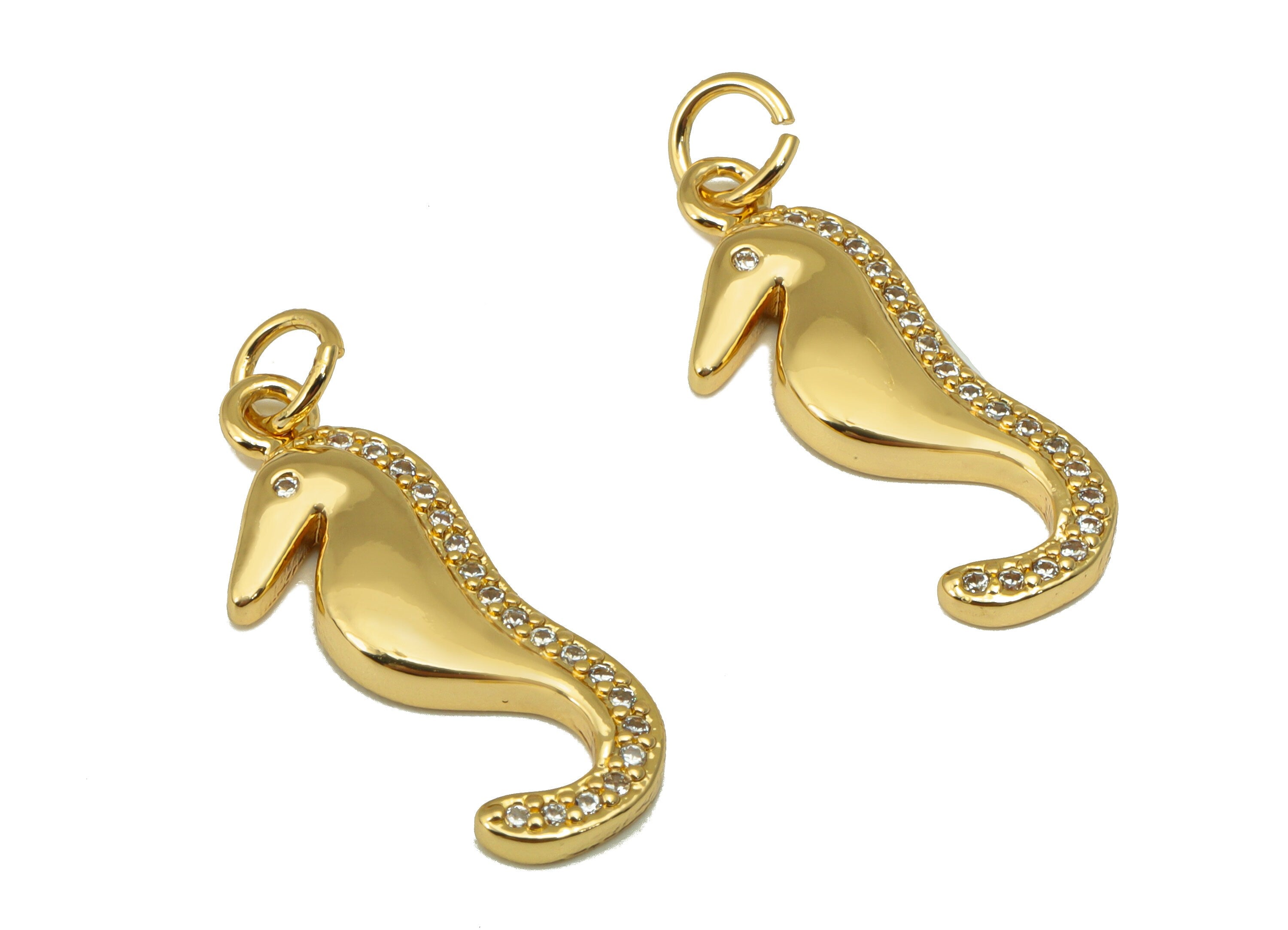 Brass Seahorse Earring Charms - Seahorse Cubic Zirconia With Hoop - For Necklace - 18K Real Gold Plated - 26.2 x 9.12x 2.7mm- RGP6672 - DOMEDBAZAAR
